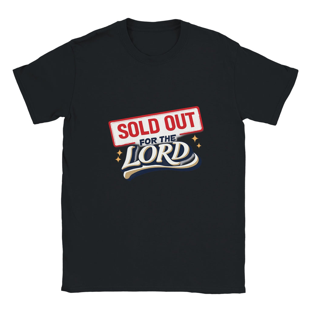 Black t-shirt with 'Sold Out for the Lord' text design on a white background