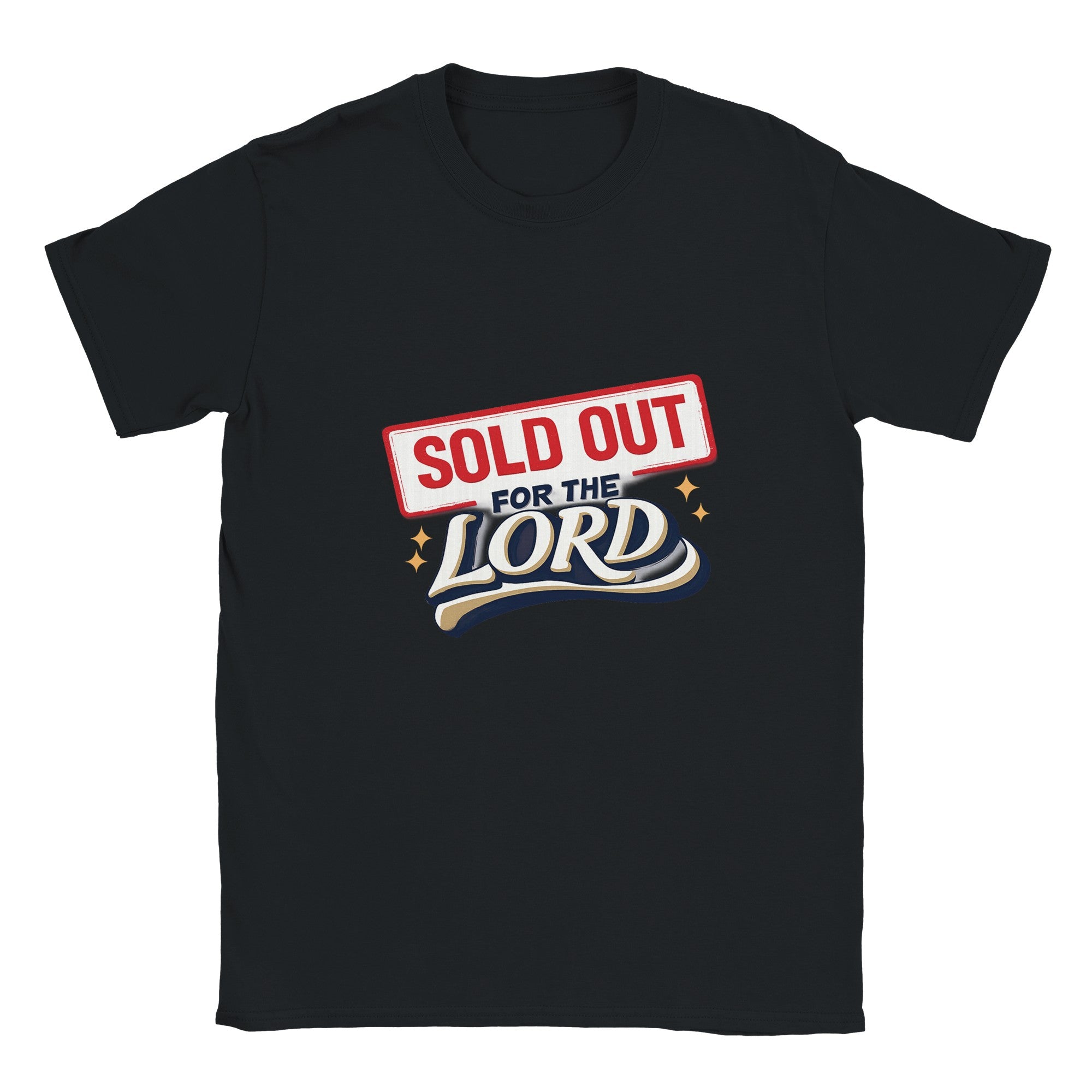 Black t-shirt with 'Sold Out for the Lord' text design on a white background