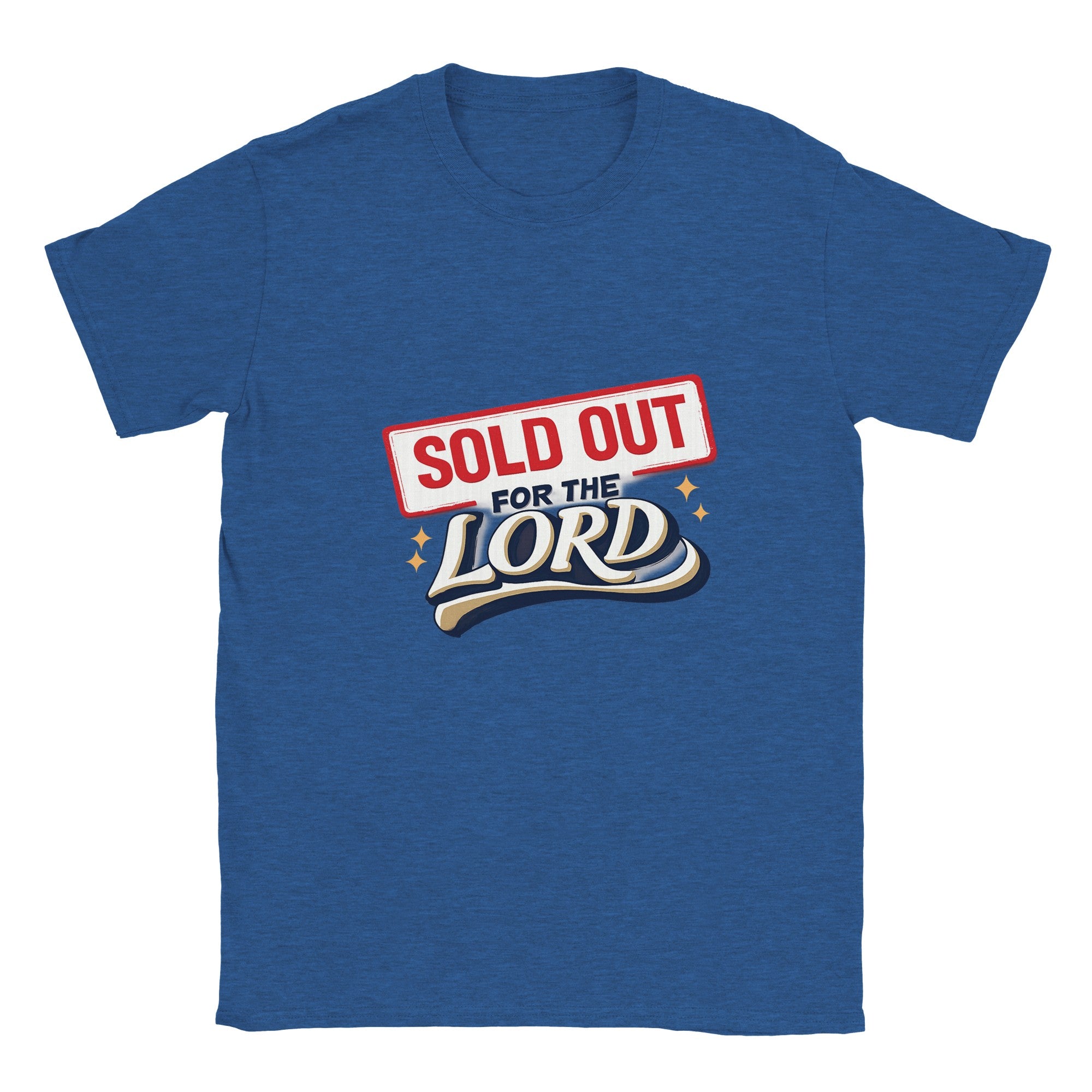 Blue t-shirt with 'Sold Out for the Lord' text design on a white background
