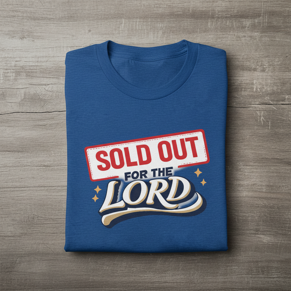 Blue t-shirt with 'SOLD OUT FOR THE LORD' text on a wooden surface