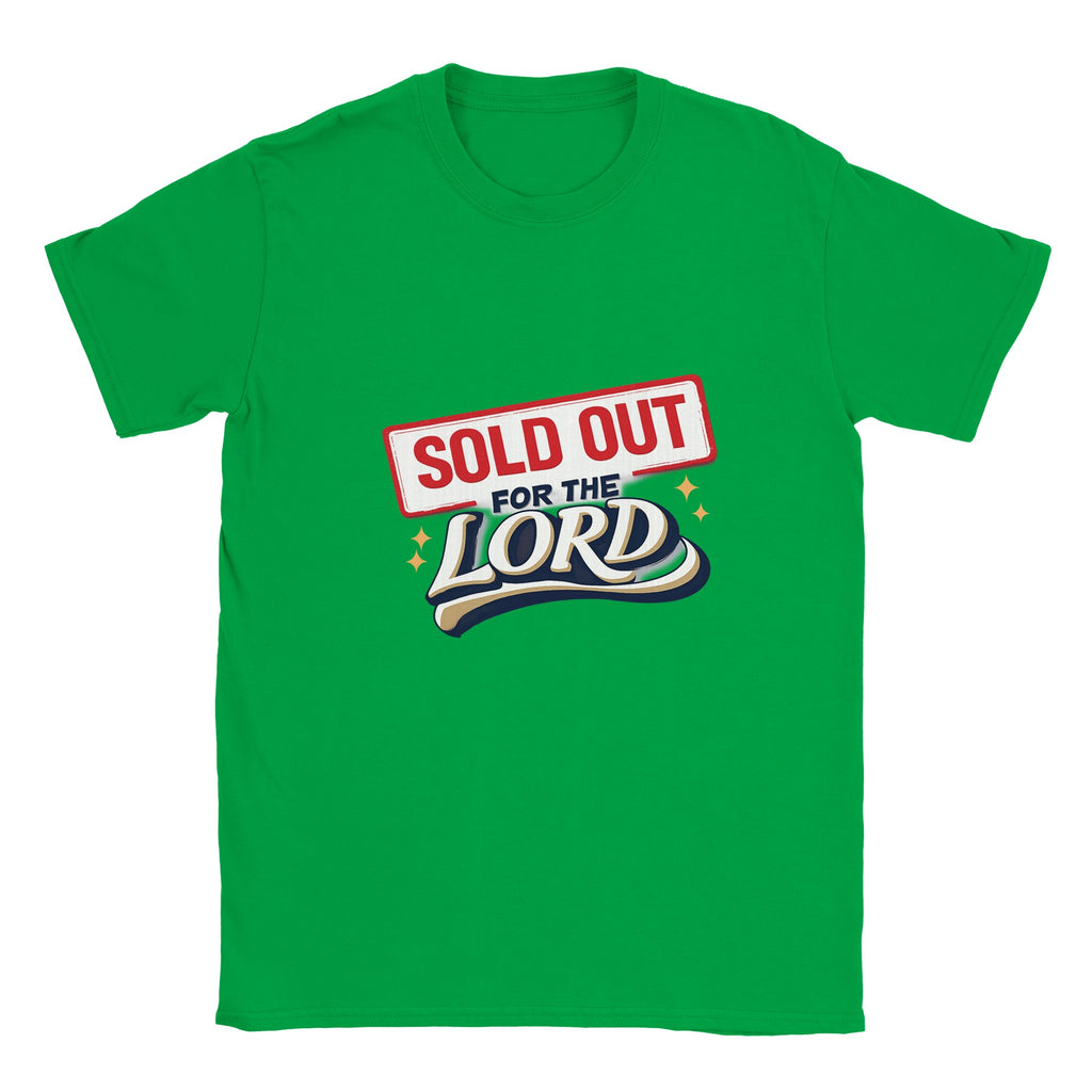 Green t-shirt with 'Sold Out for the Lord' text design on a white background