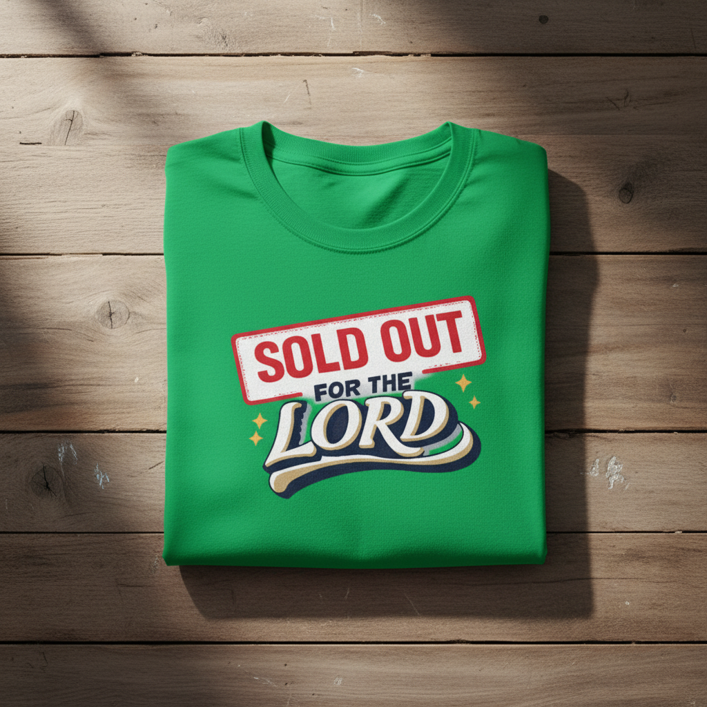 Green t-shirt with 'Sold Out for the Lord' text on a wooden surface