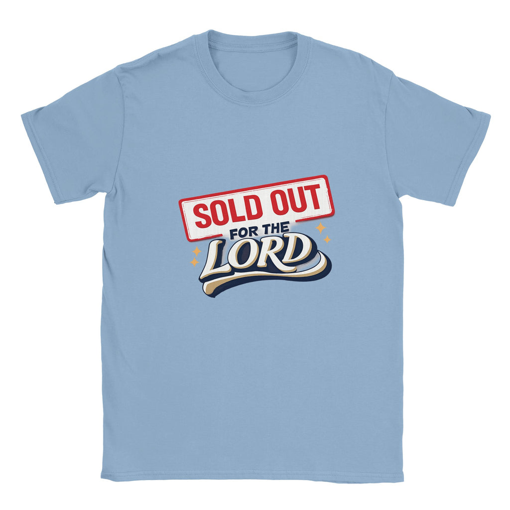 Light blue t-shirt with 'Sold Out for the Lord' text design on a white background