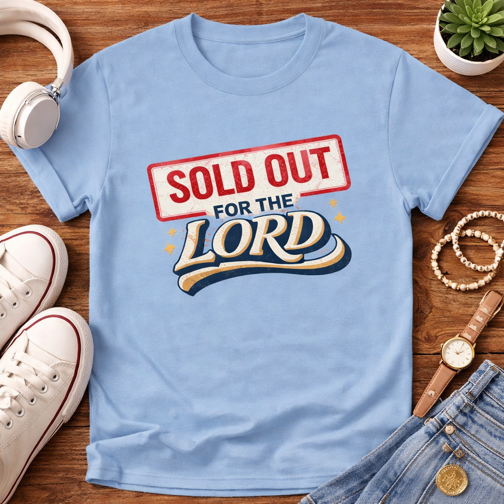 Light blue t-shirt with 'Sold Out for the Lord' graphic on a wooden surface with accessories.