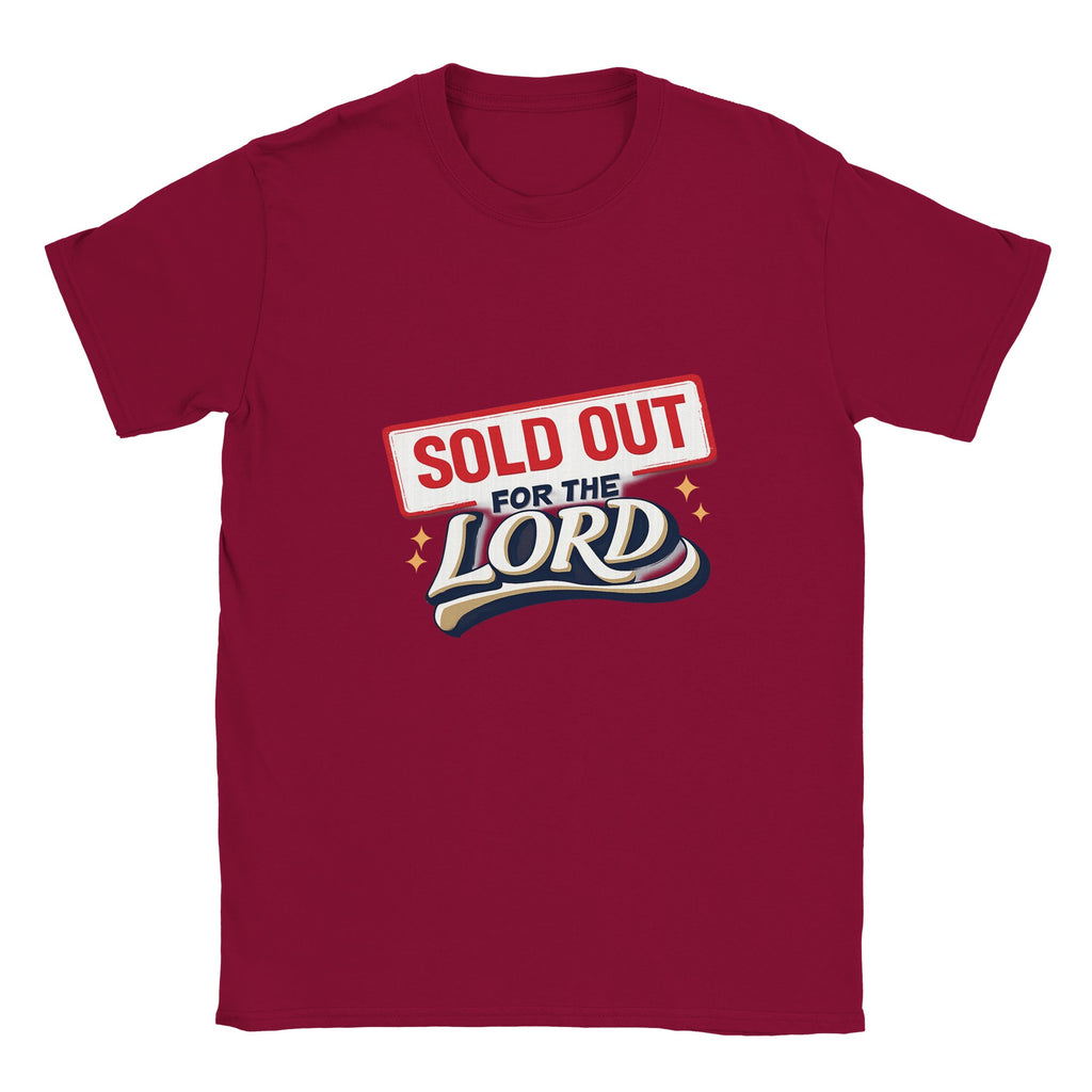 Maroon t-shirt with 'Sold Out for the Lord' text design on a white background