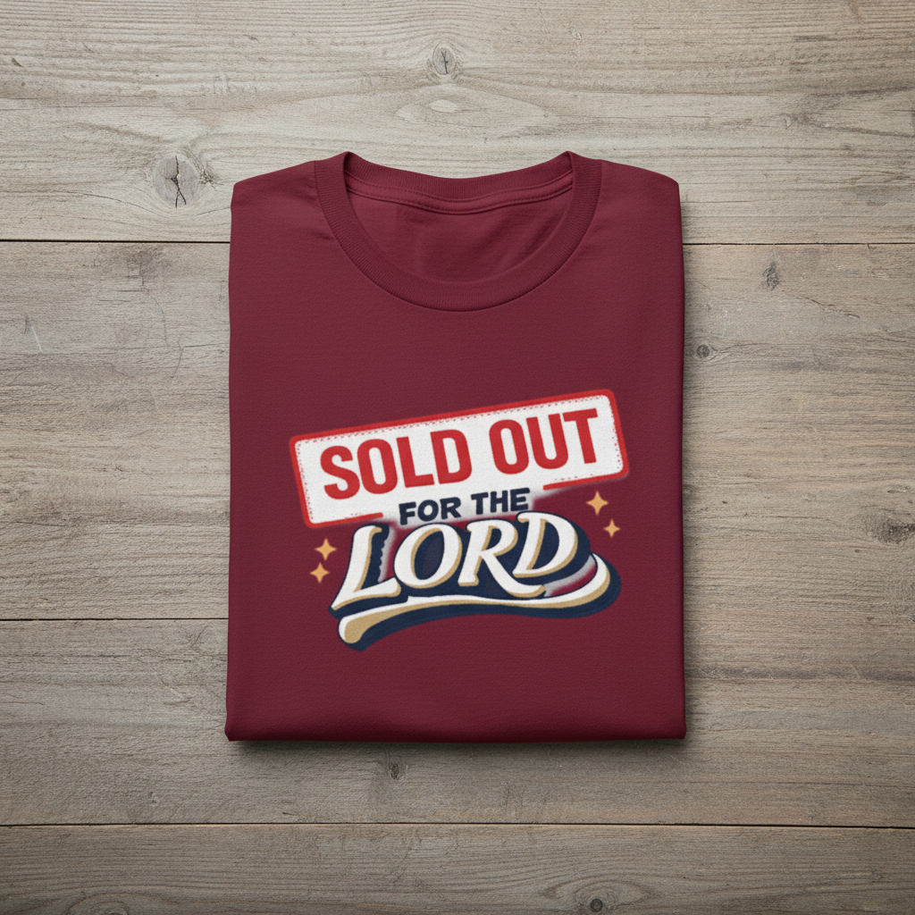 Maroon t-shirt with 'Sold Out for the Lord' text on a wooden surface