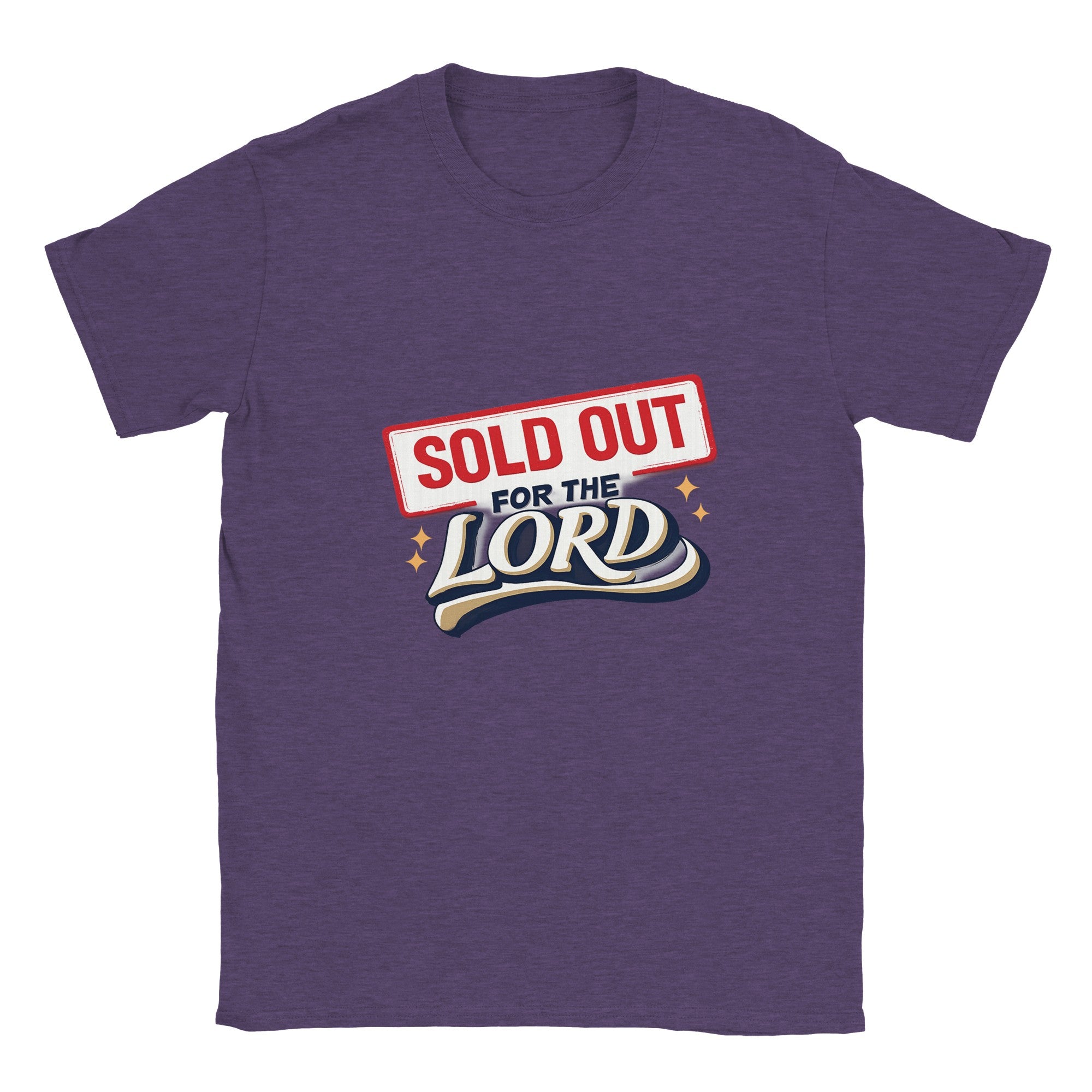 Purple t-shirt with 'Sold Out for the Lord' text design on a white background