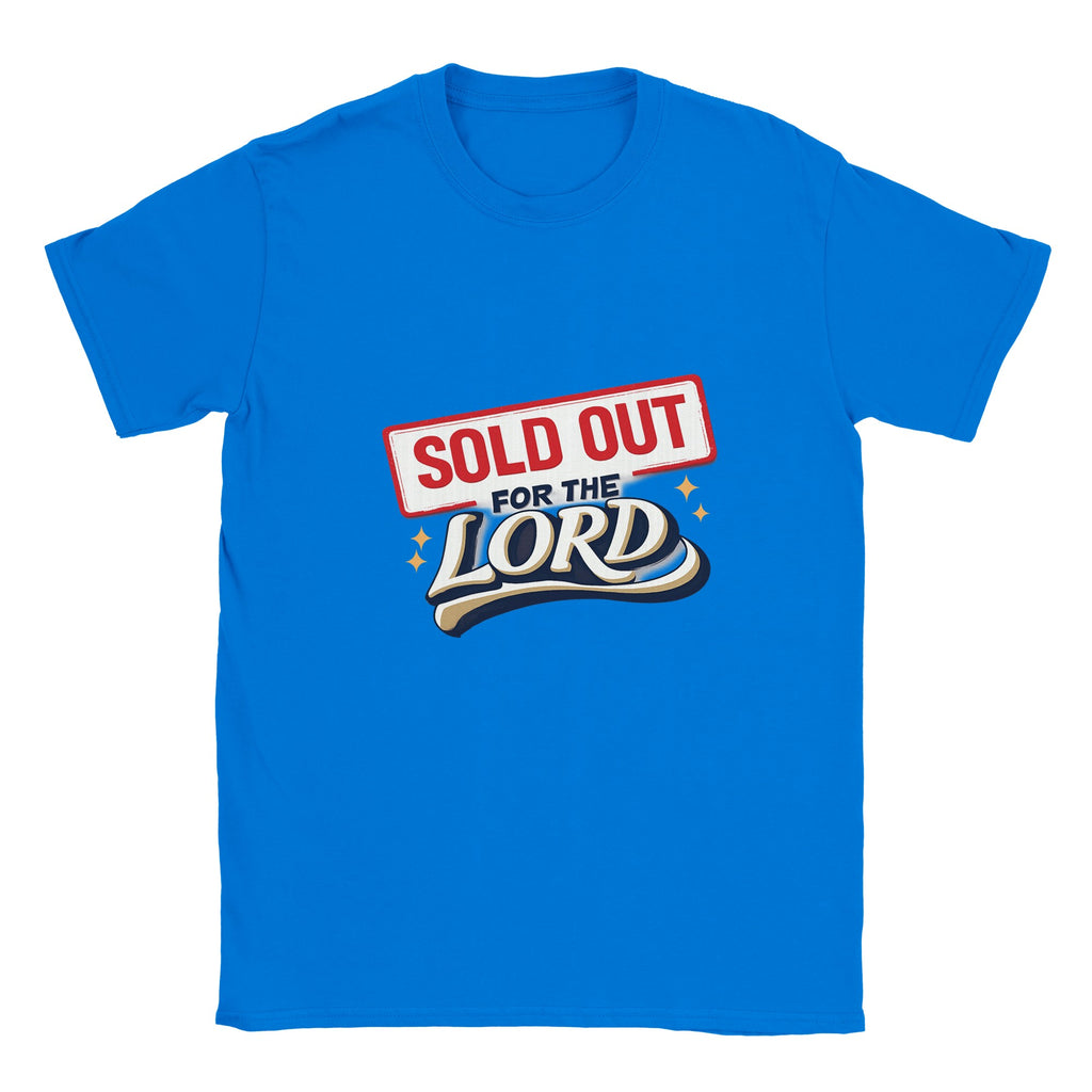 Blue t-shirt with 'Sold Out for the Lord' text design on a white background