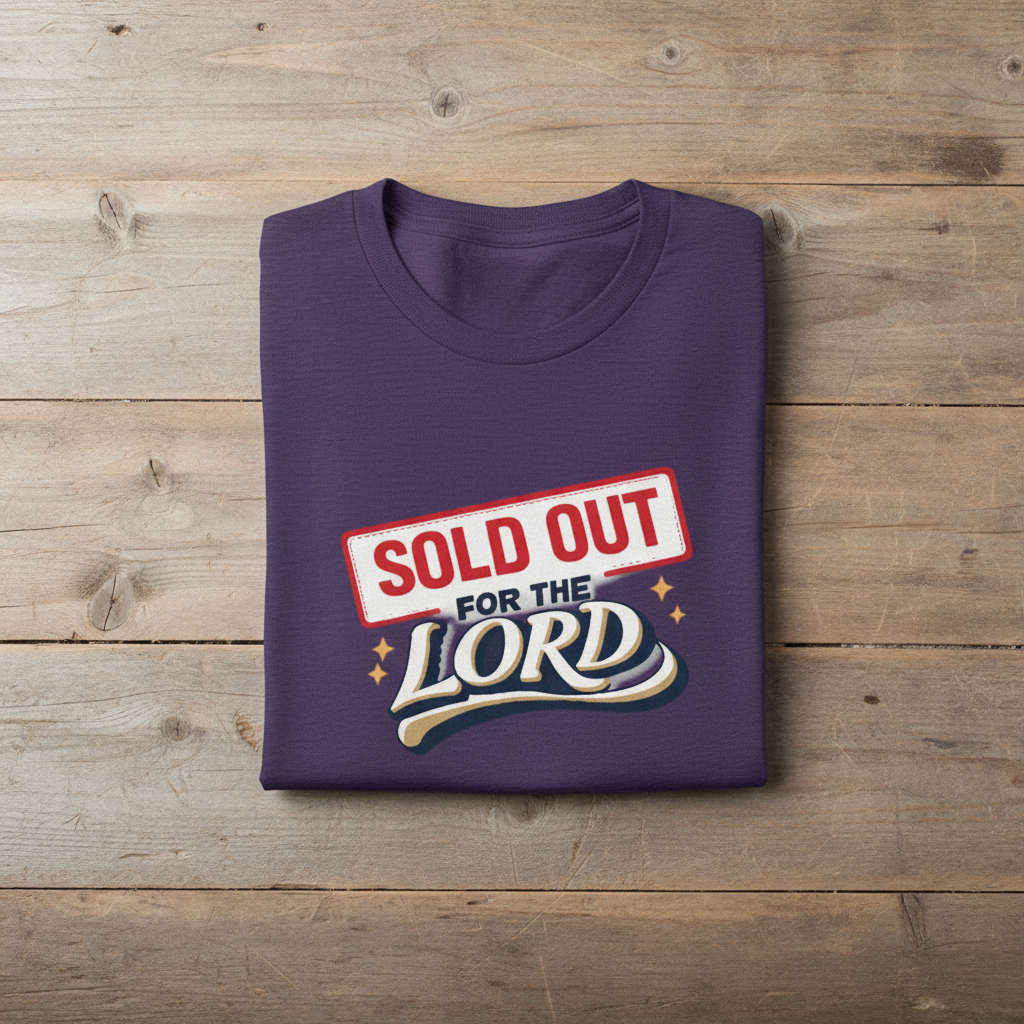 Purple t-shirt with 'SOLD OUT FOR THE LORD' text on a wooden surface