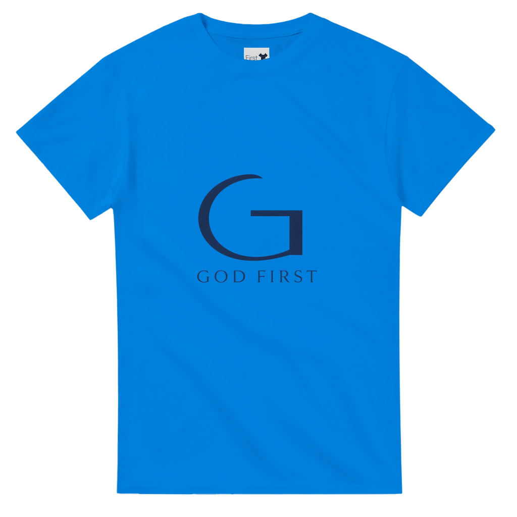 Blue t-shirt with 'G' logo and 'GOD FIRST' text on a white background