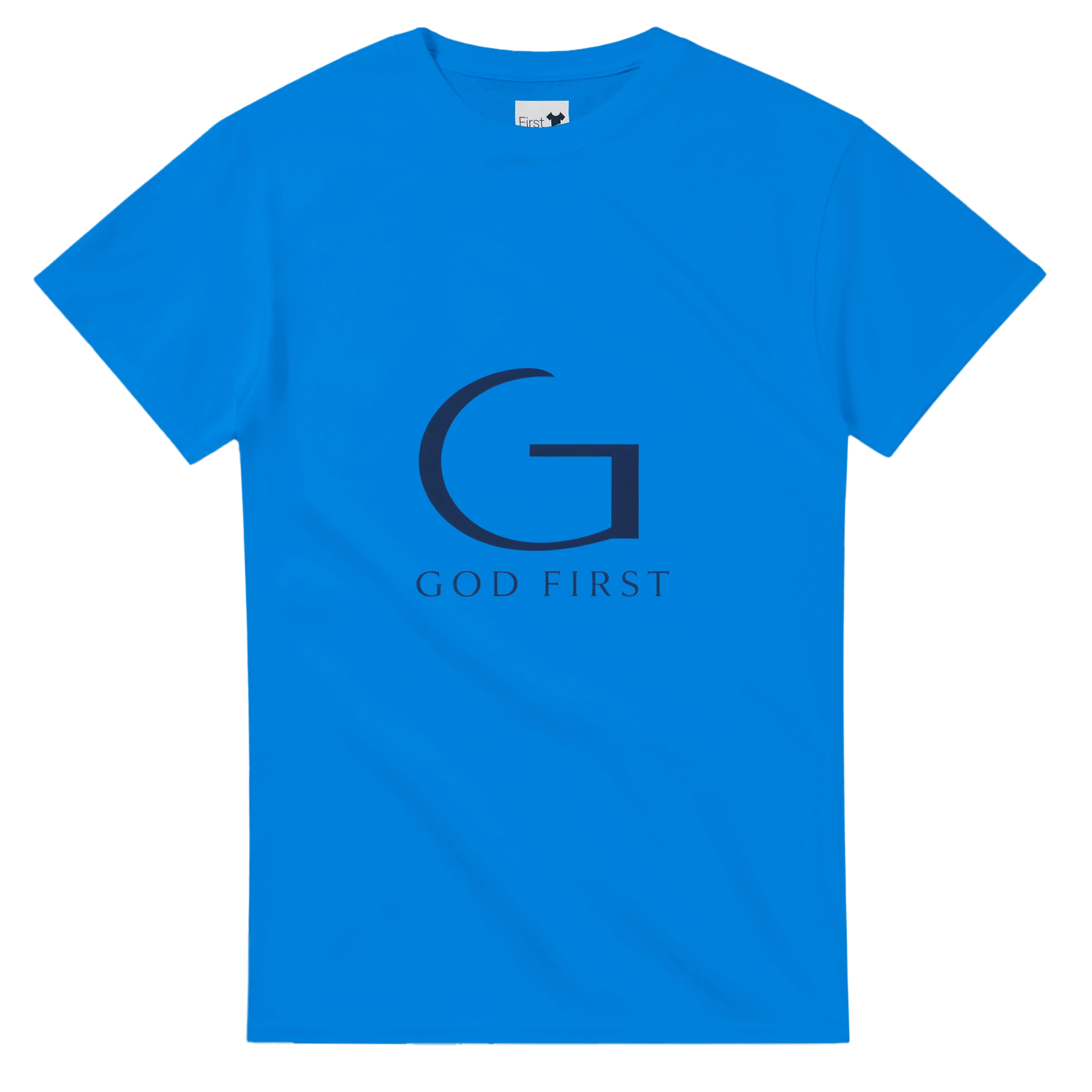 Blue t-shirt with 'G' logo and 'GOD FIRST' text on a white background