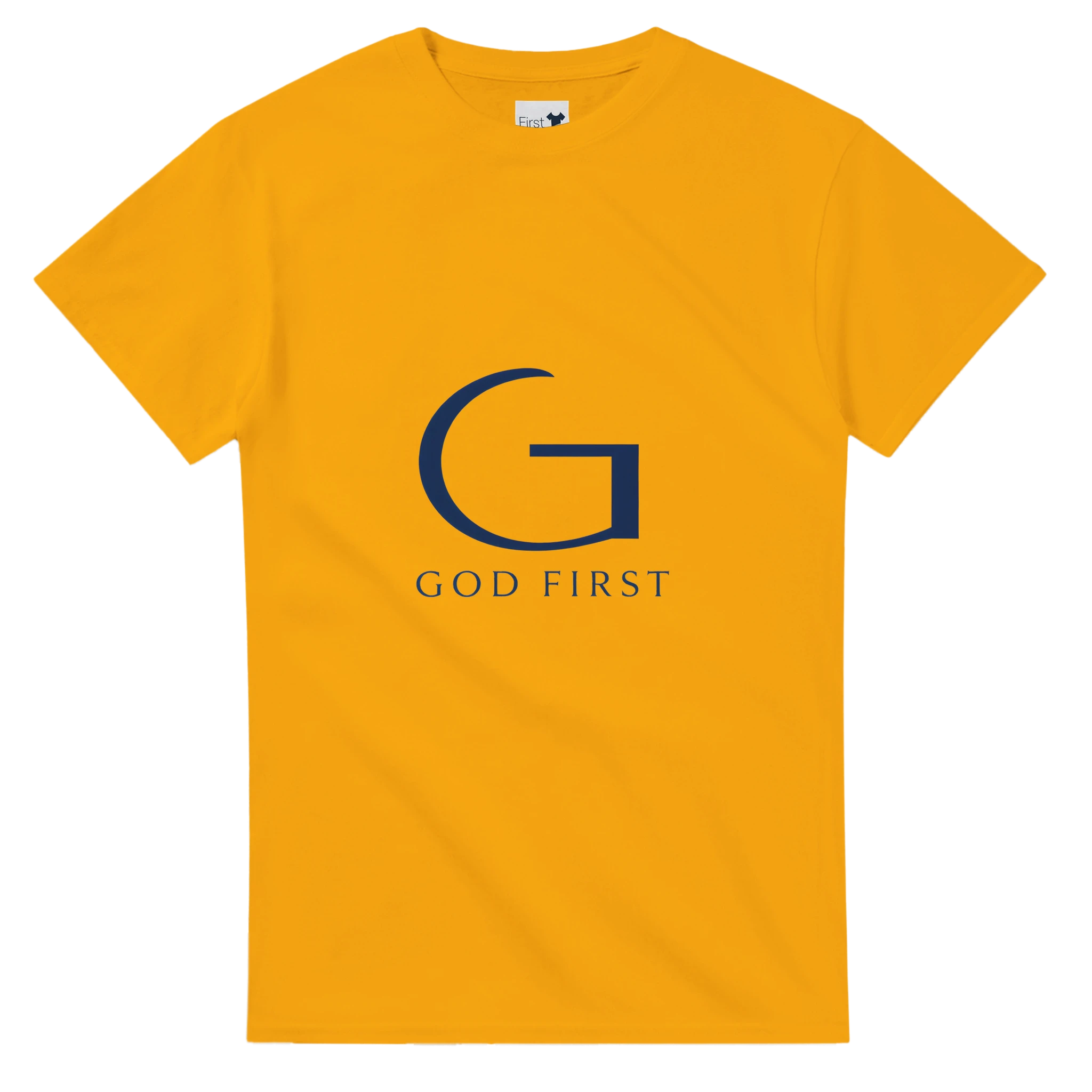 Gold t-shirt with a blue 'G' logo and 'GOD FIRST' text on a white background