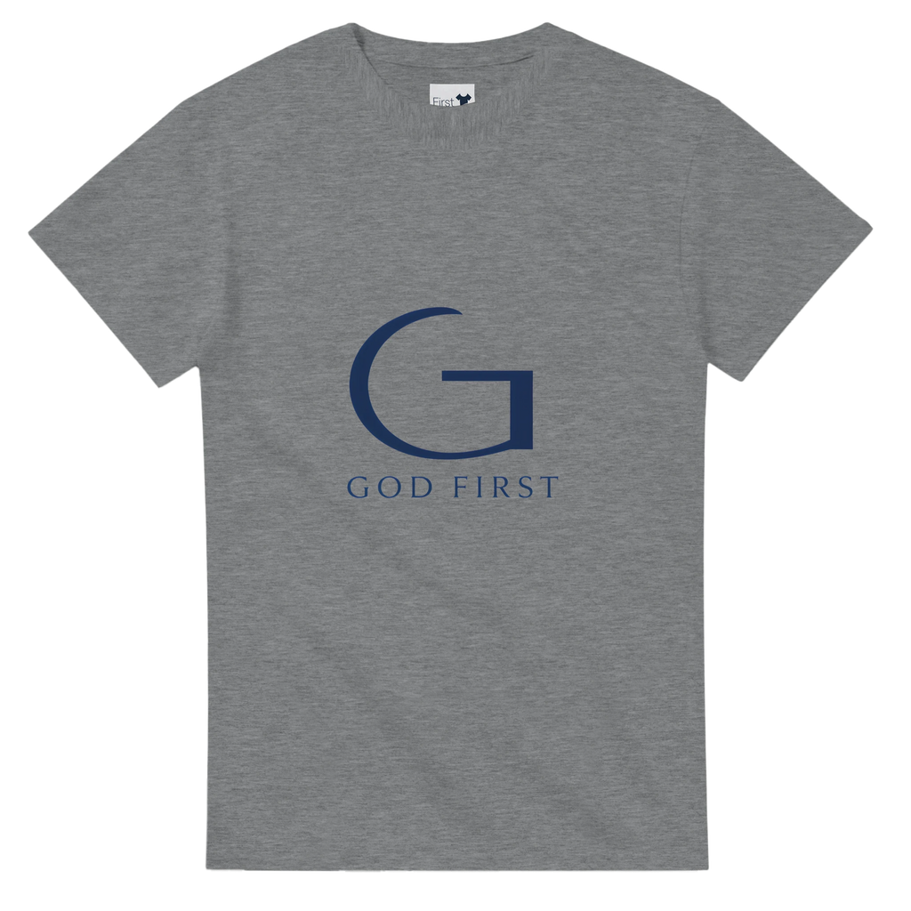 Gray t-shirt with a blue 'G' logo and 'GOD FIRST' text on a white background