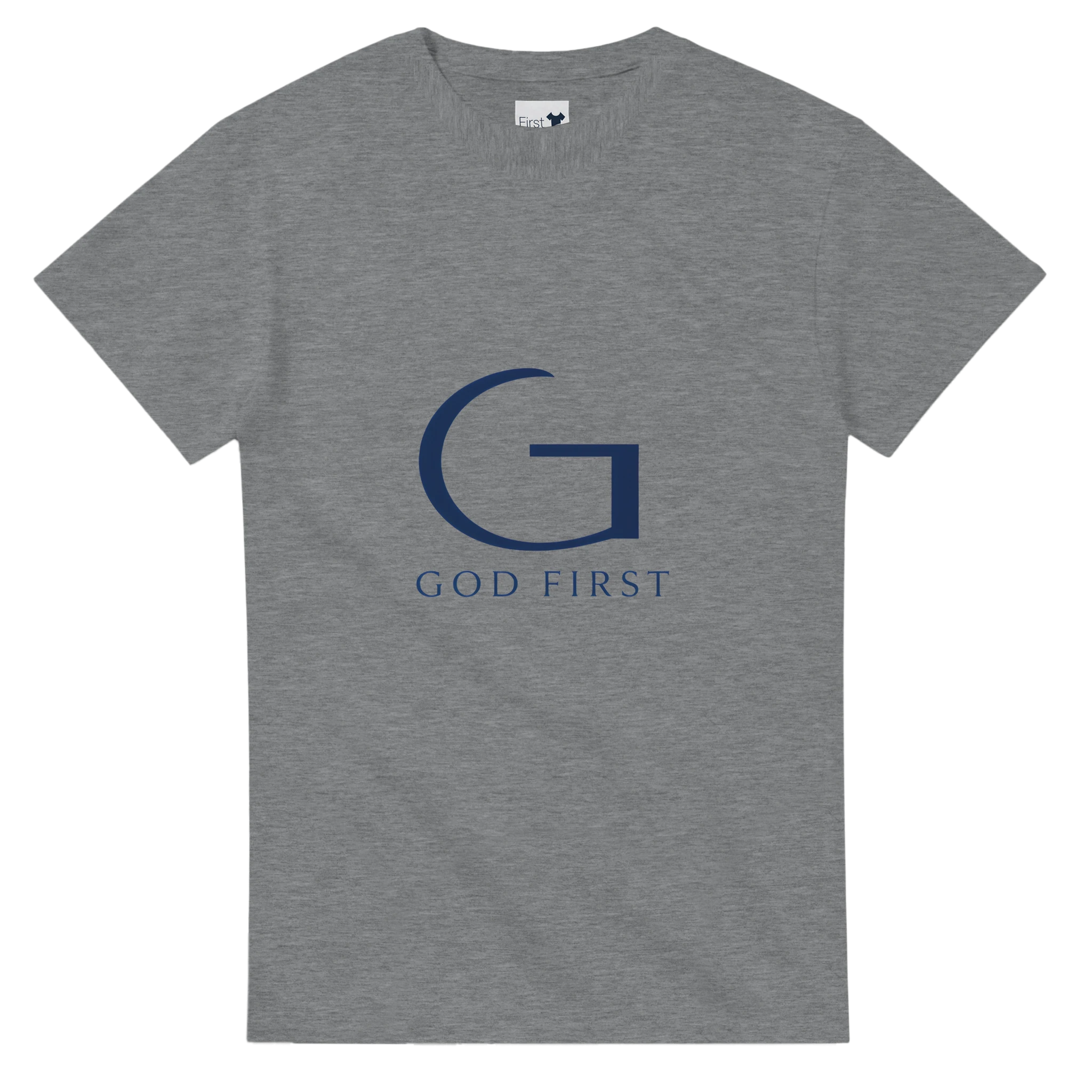Gray t-shirt with a blue 'G' logo and 'GOD FIRST' text on a white background