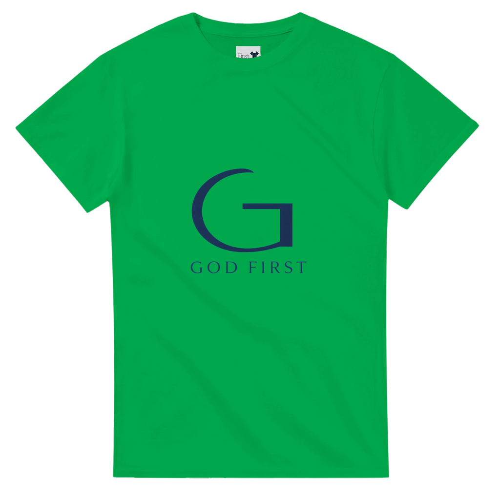 Green t-shirt with a blue 'G' logo and 'GOD FIRST' text on a white background
