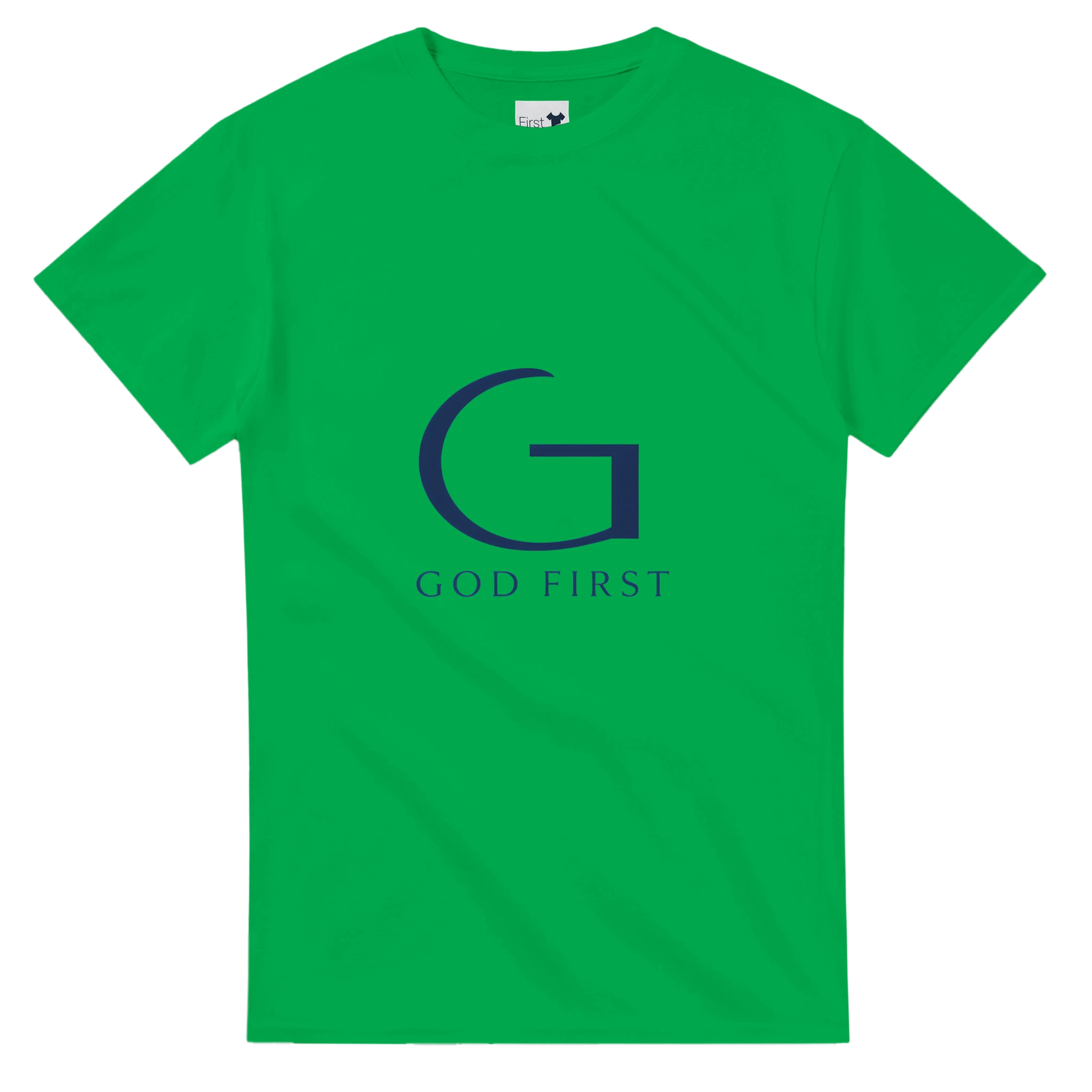 Green t-shirt with a blue 'G' logo and 'GOD FIRST' text on a white background