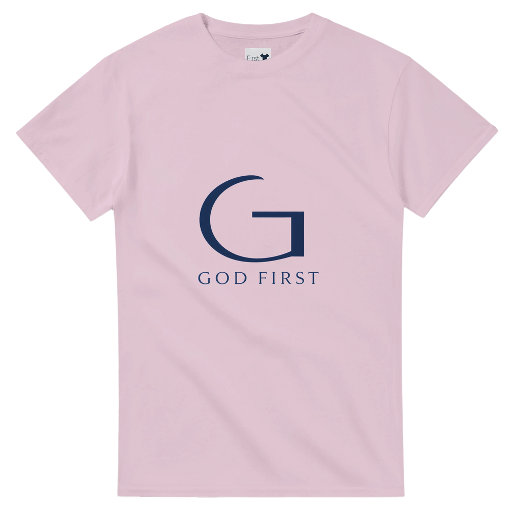 Light Pink t-shirt with 'G' logo and 'GOD FIRST' text on a white background