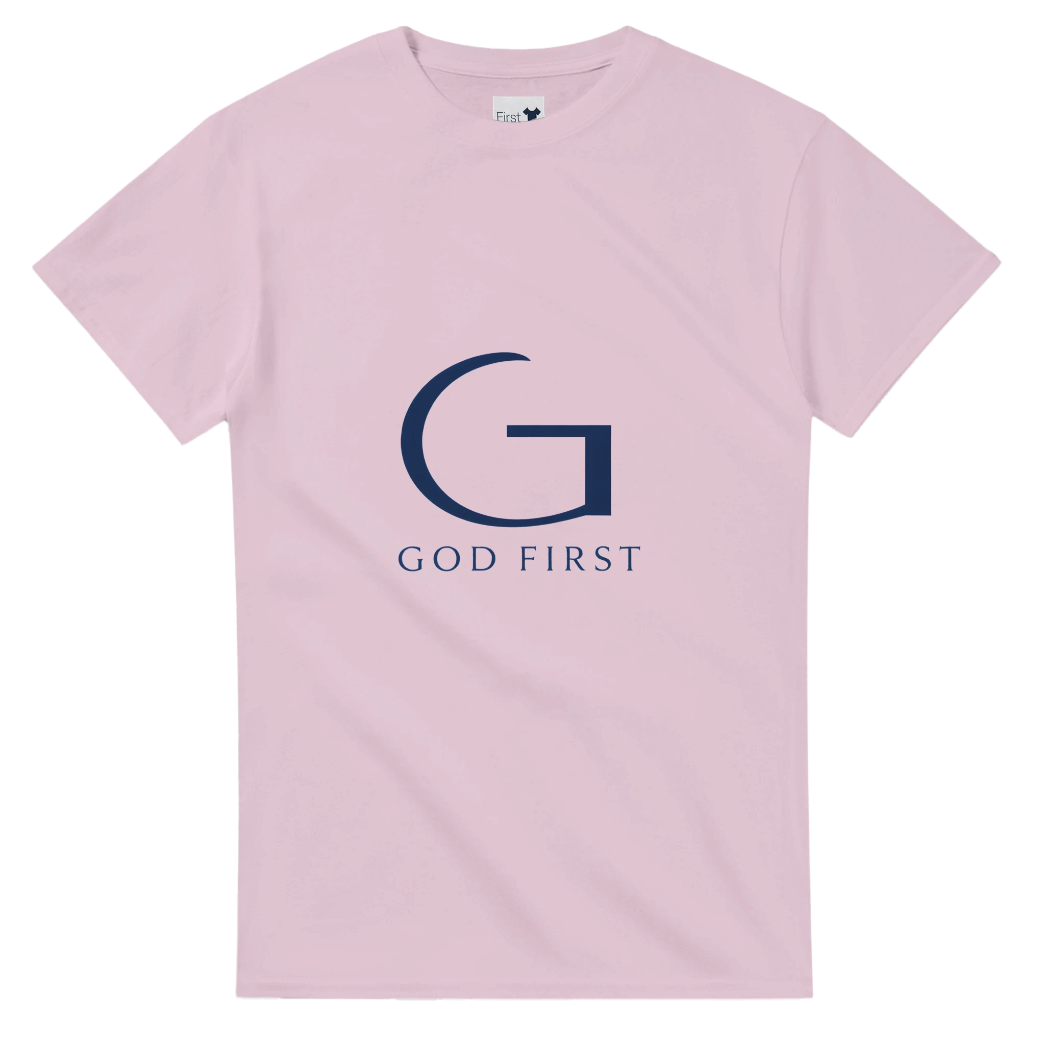 Light Pink t-shirt with 'G' logo and 'GOD FIRST' text on a white background