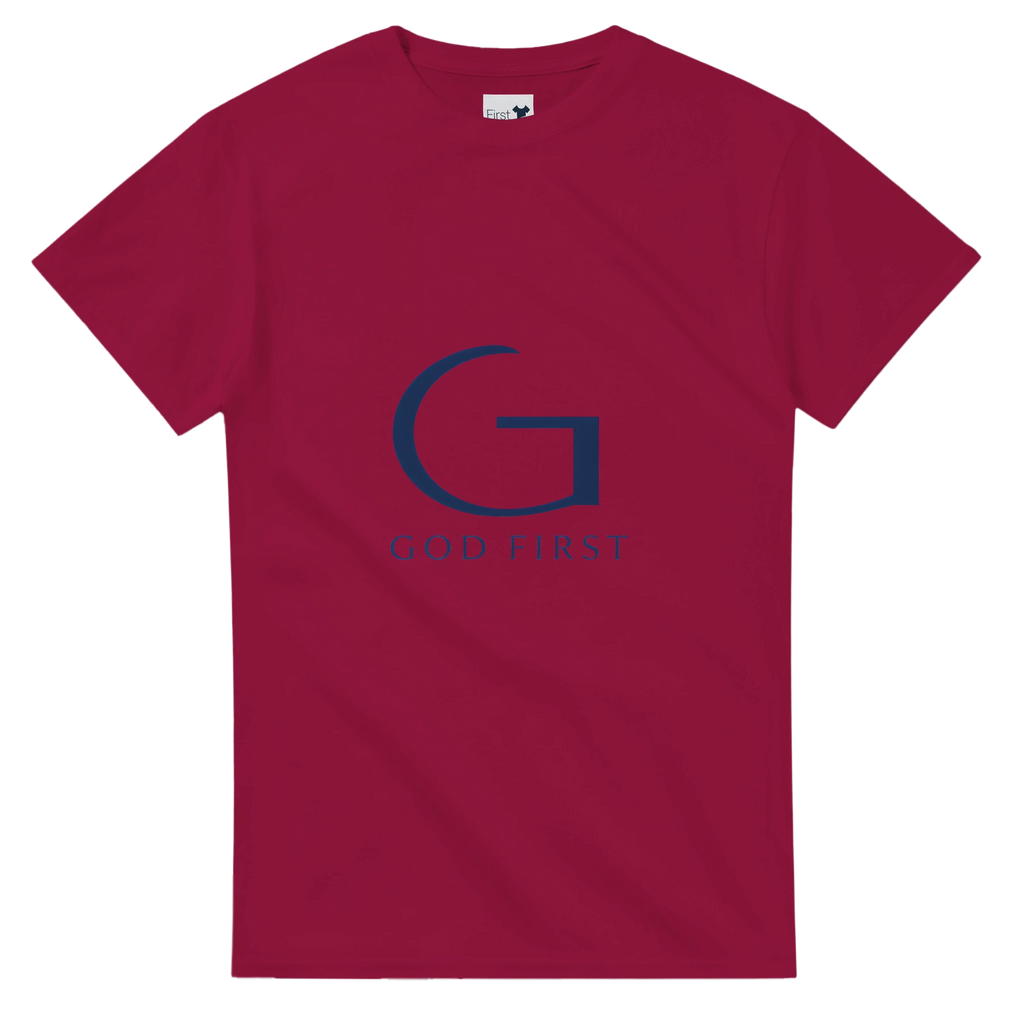Maroon t-shirt with a blue 'G' logo and text on a white background