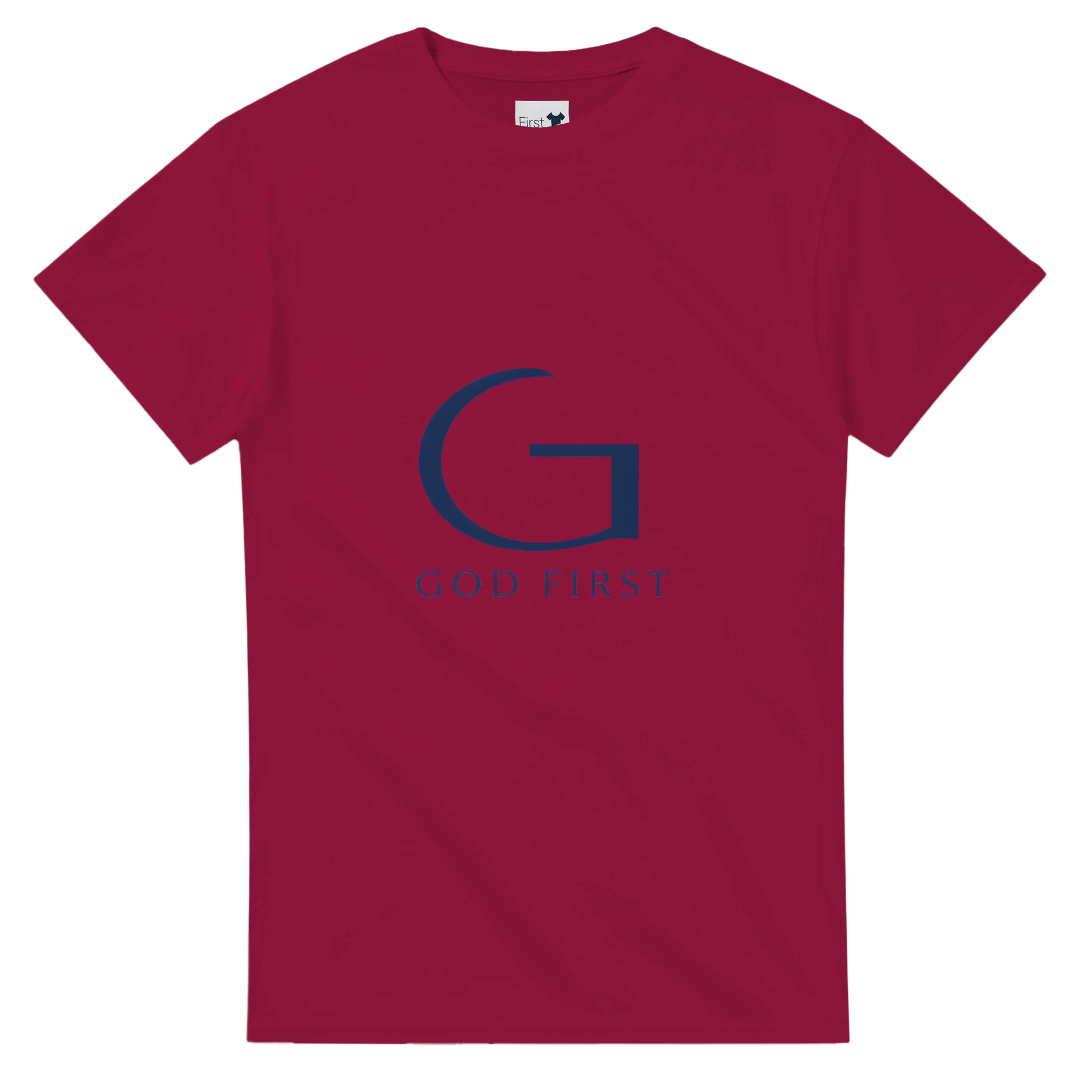 Maroon t-shirt with a blue 'G' logo and text on a white background