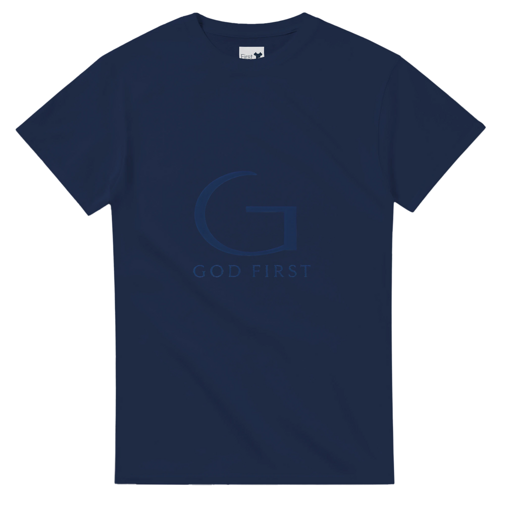 Navy blue t-shirt with 'GOD FIRST' text on a white background