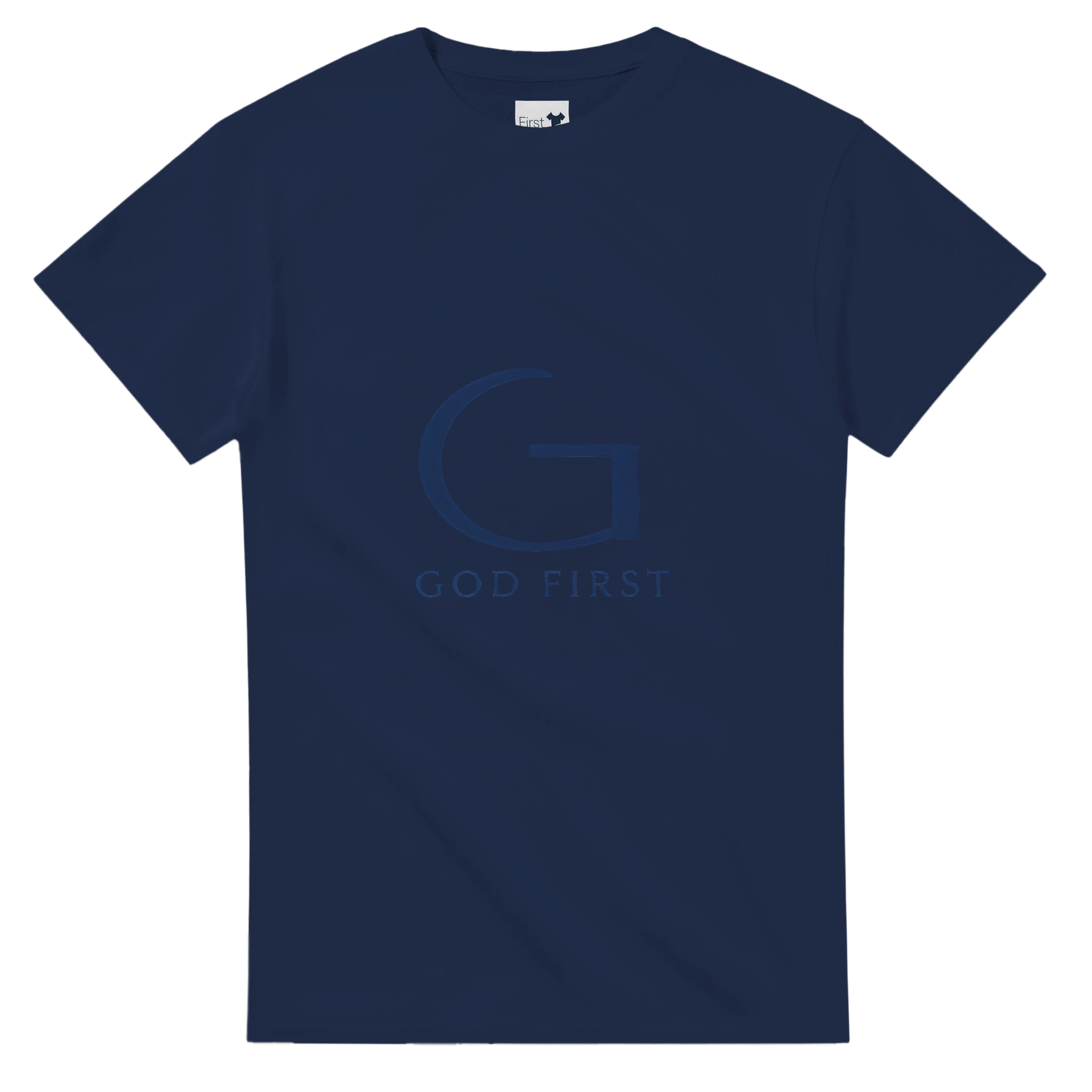Navy blue t-shirt with 'GOD FIRST' text on a white background
