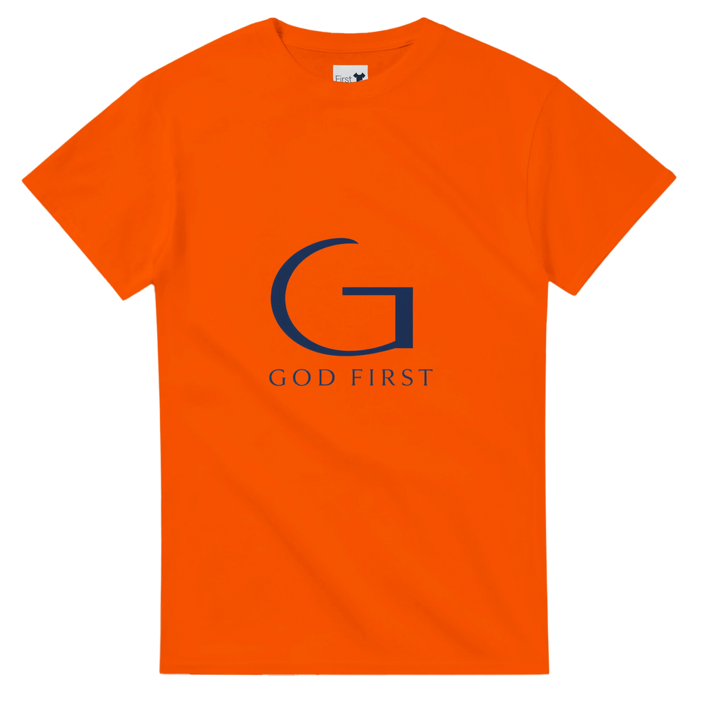 Orange t-shirt with a blue 'G' logo and 'GOD FIRST' text on a white background