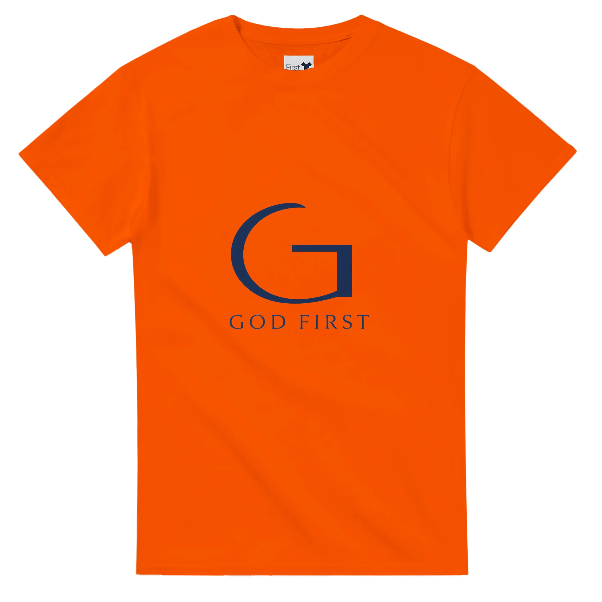Orange t-shirt with a blue 'G' logo and 'GOD FIRST' text on a white background