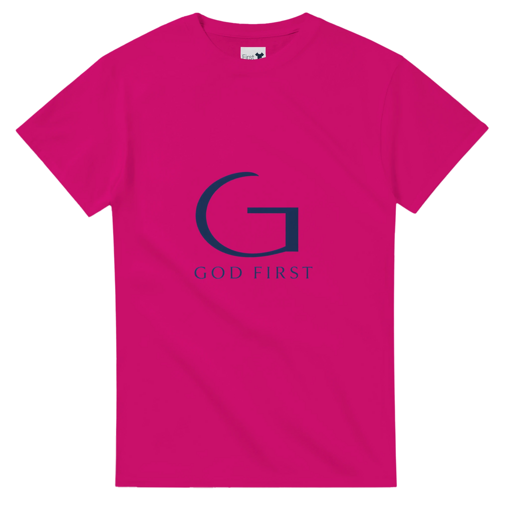 Pink t-shirt with a blue logo and 'GOD FIRST' text on a white background