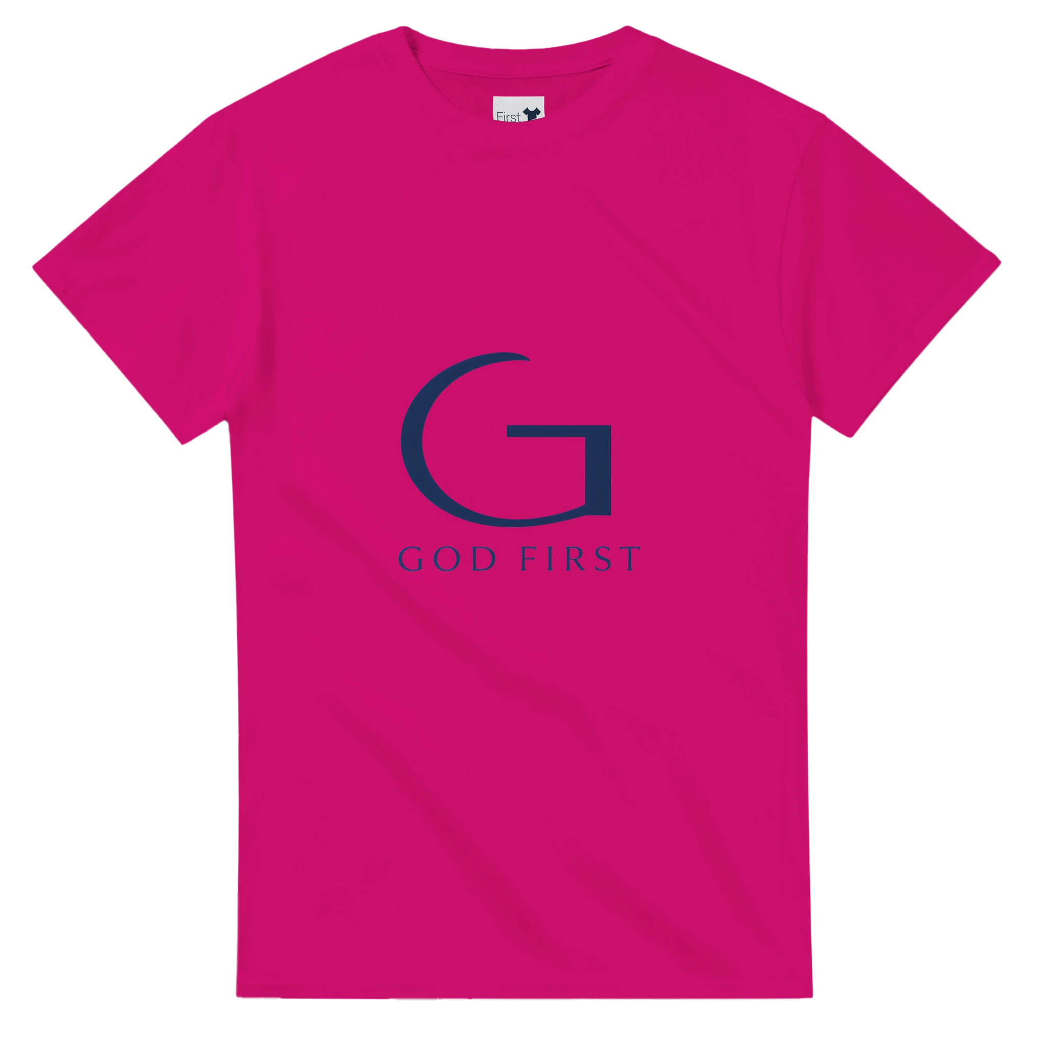 Pink t-shirt with a blue logo and 'GOD FIRST' text on a white background