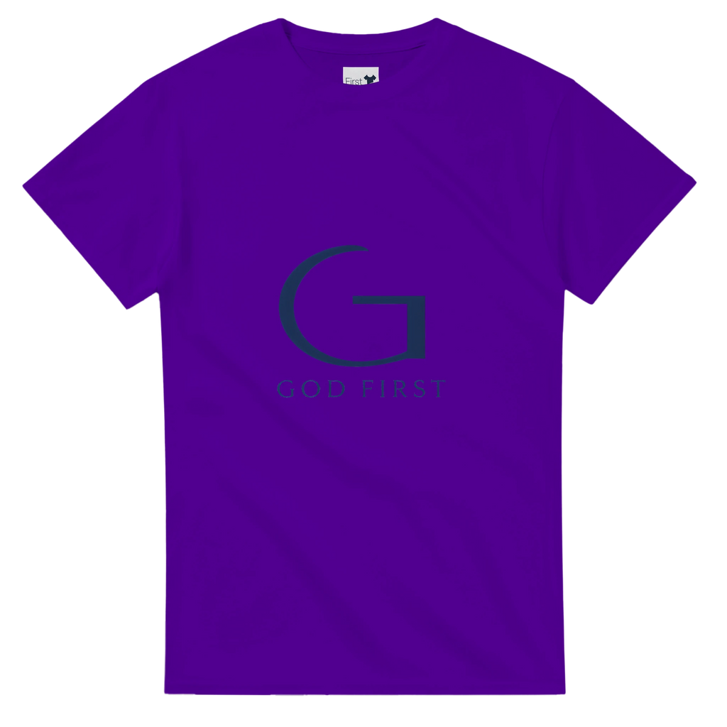Purple t-shirt with a logo and text on a white background