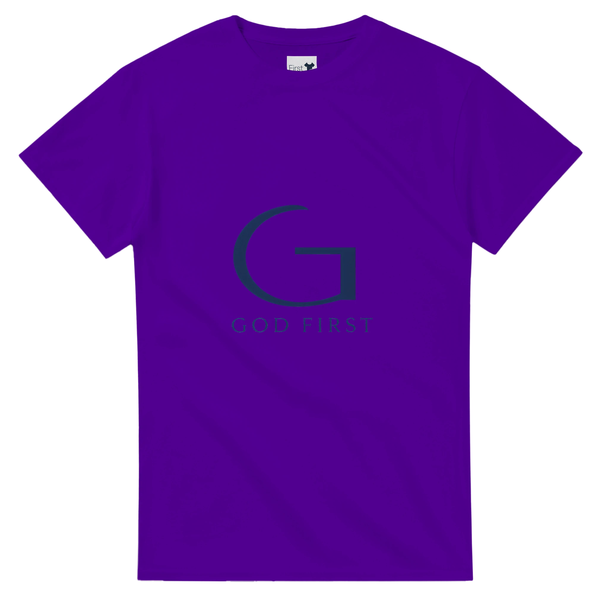 Purple t-shirt with a logo and text on a white background