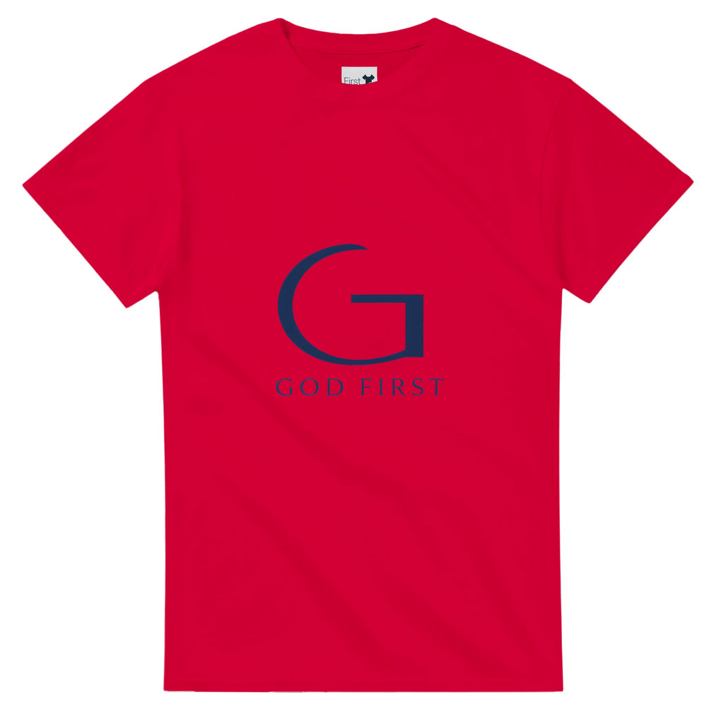 Red t-shirt with a blue 'G' logo and 'GOD FIRST' text on a white background