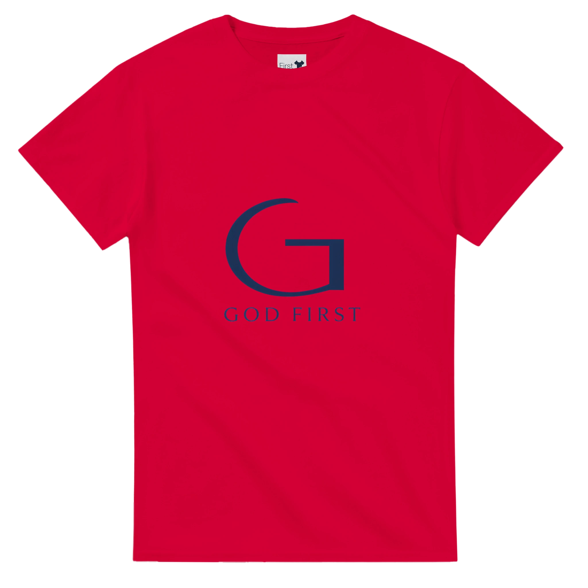 Red t-shirt with a blue 'G' logo and 'GOD FIRST' text on a white background
