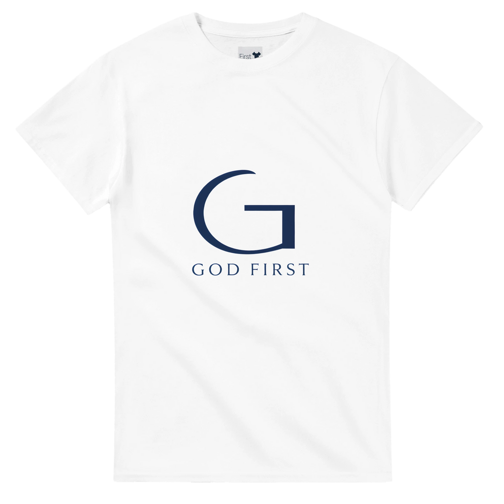 White t-shirt with 'G' logo and 'GOD FIRST' text on a white background