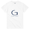 White t-shirt with 'G' logo and 'GOD FIRST' text on a white background