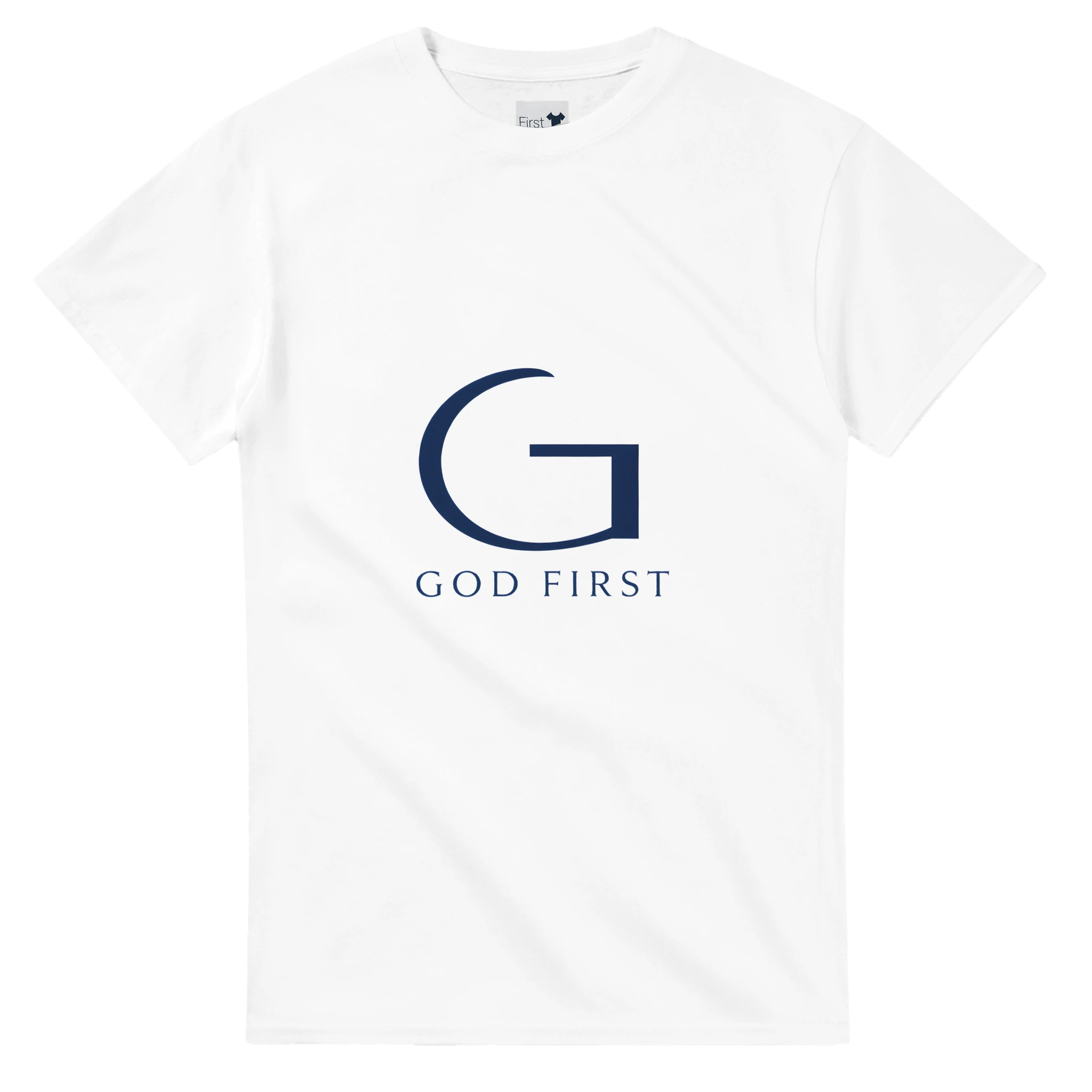 White t-shirt with 'G' logo and 'GOD FIRST' text on a white background