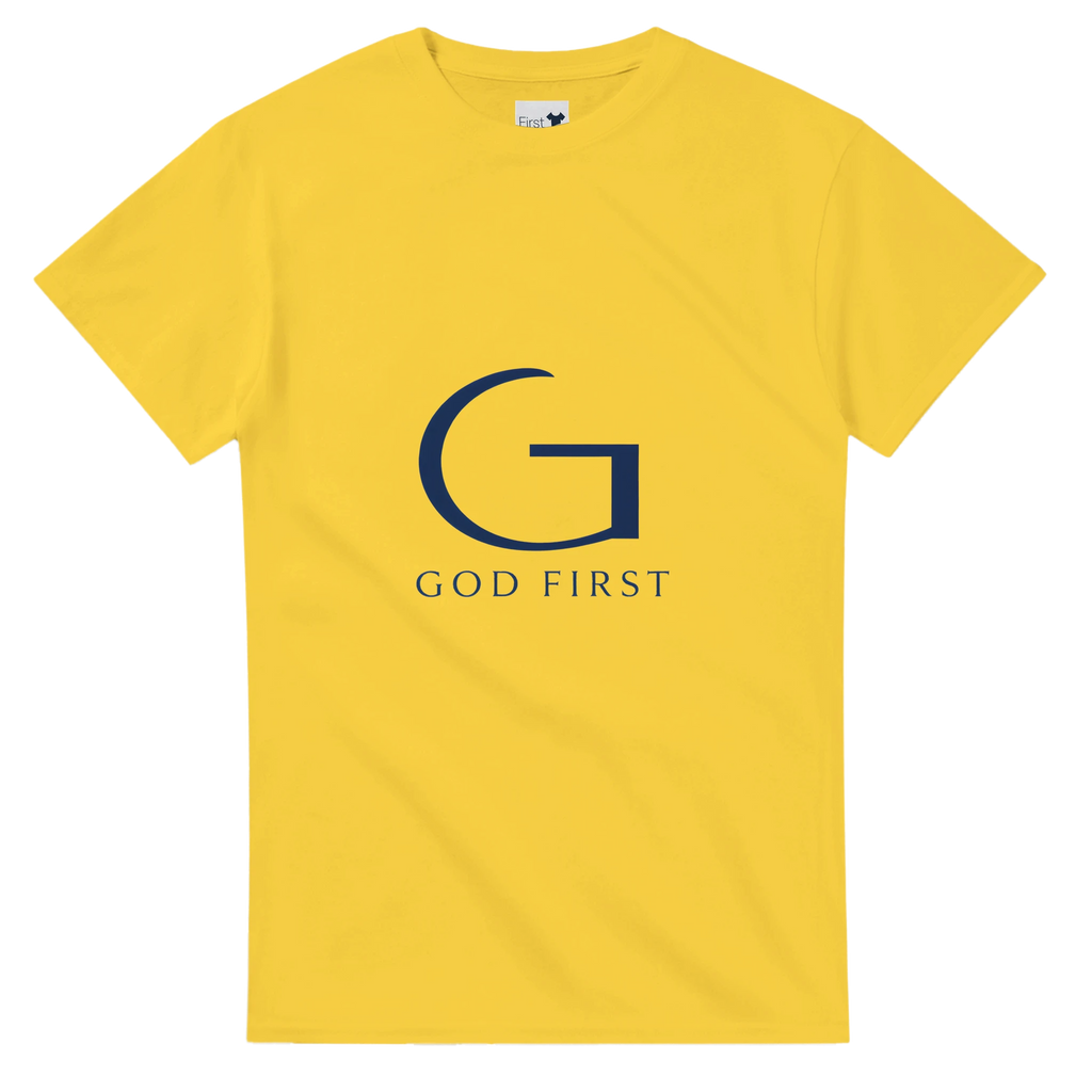 Yellow t-shirt with a blue 'G' and 'GOD FIRST' text on a white background