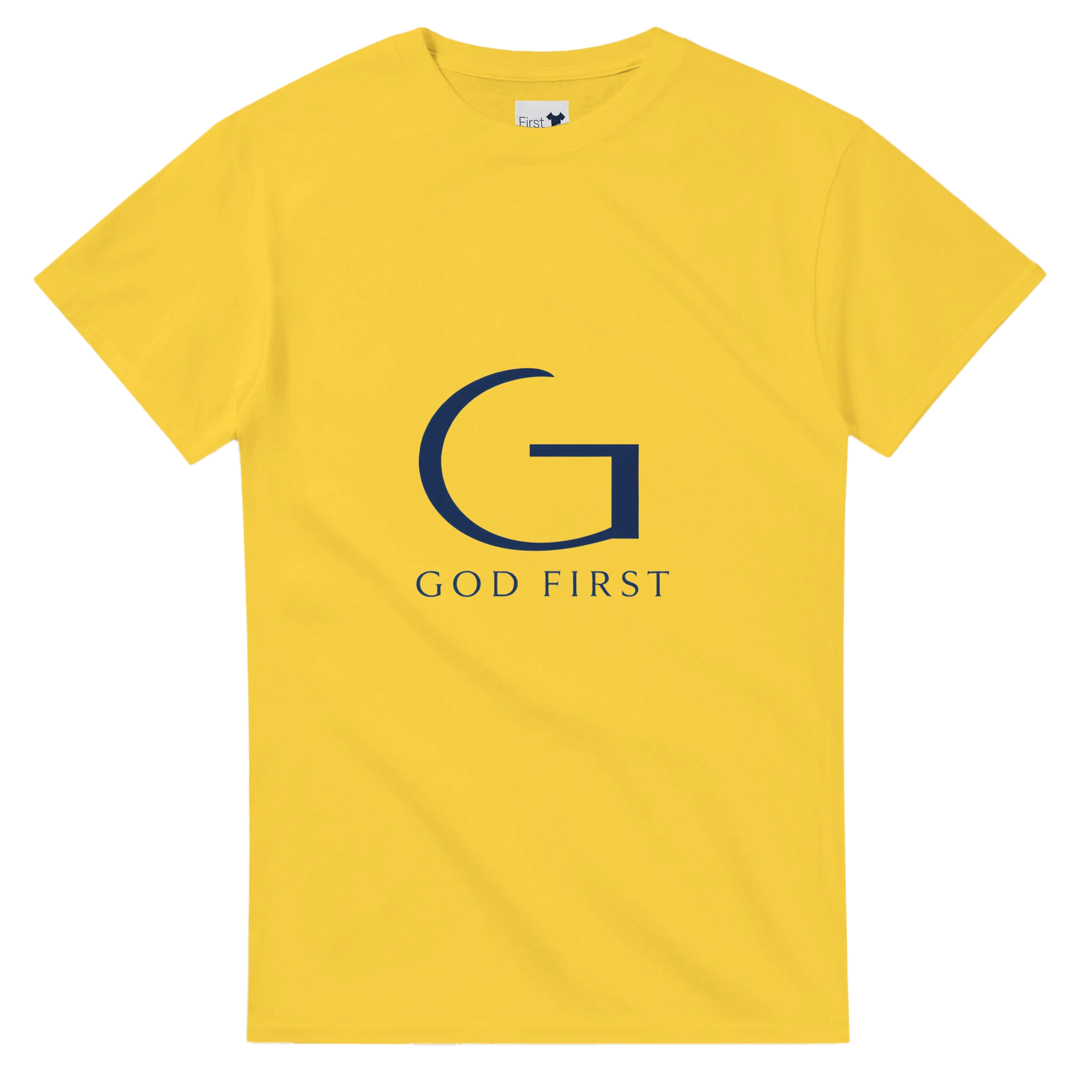 Yellow t-shirt with a blue 'G' and 'GOD FIRST' text on a white background