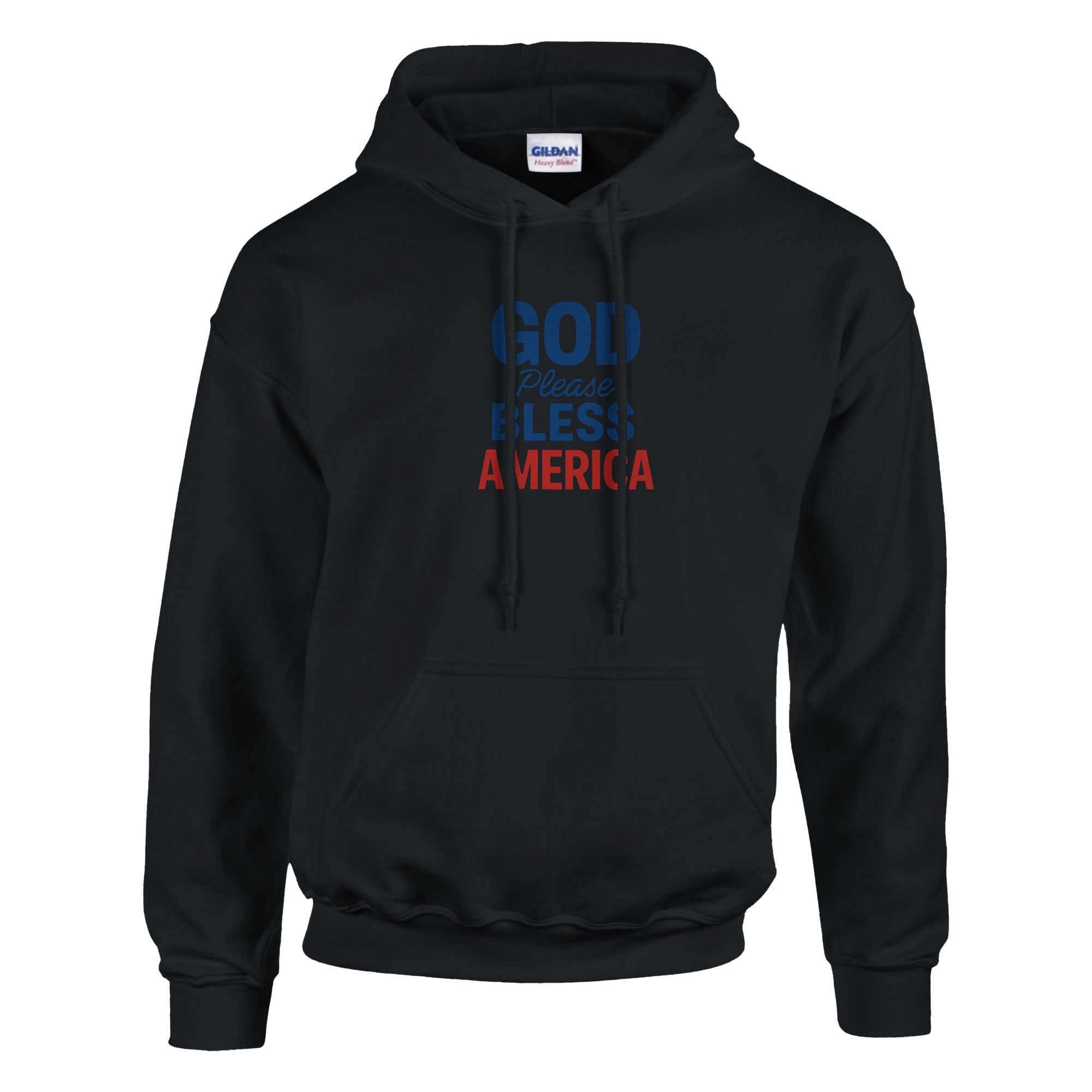 Black hoodie with text 'GOD PLEASE BLESS AMERICA' on a white background