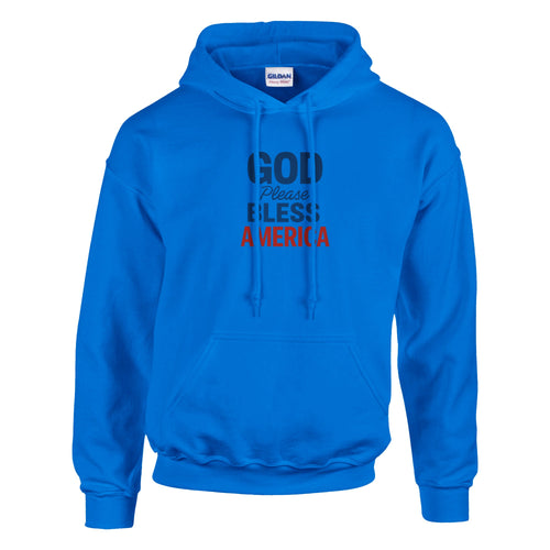 Blue hoodie with text 'God Please Bless America' on a white background