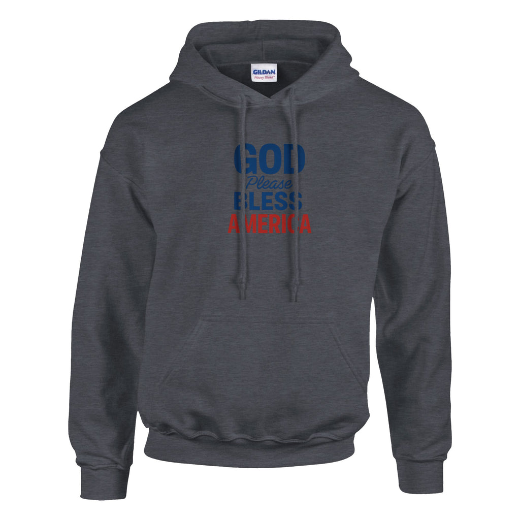 Gray hoodie with 'God Bless America' text on a white background
