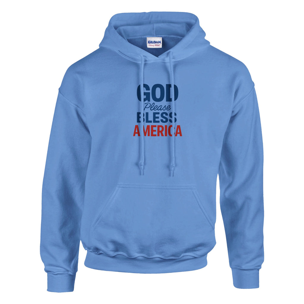 Light Blue hoodie with text 'GOD Please BLESS AMERICA' on a white background