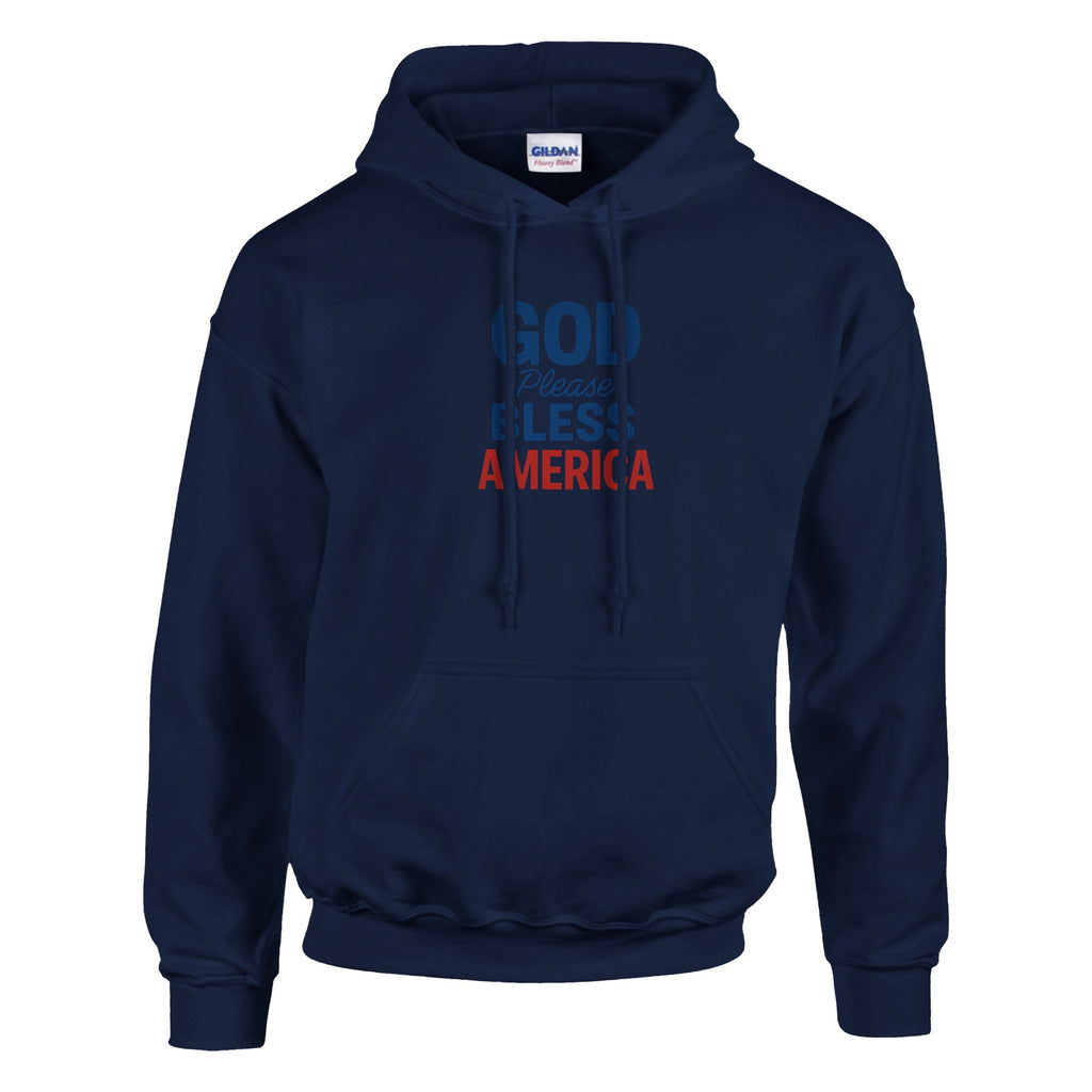 Navy blue hoodie with 'God Bless America' text on a white background