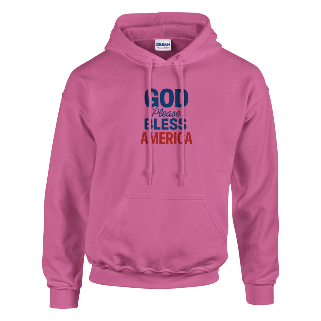 Pink hoodie with text 'GOD Please BLESS America' on a white background