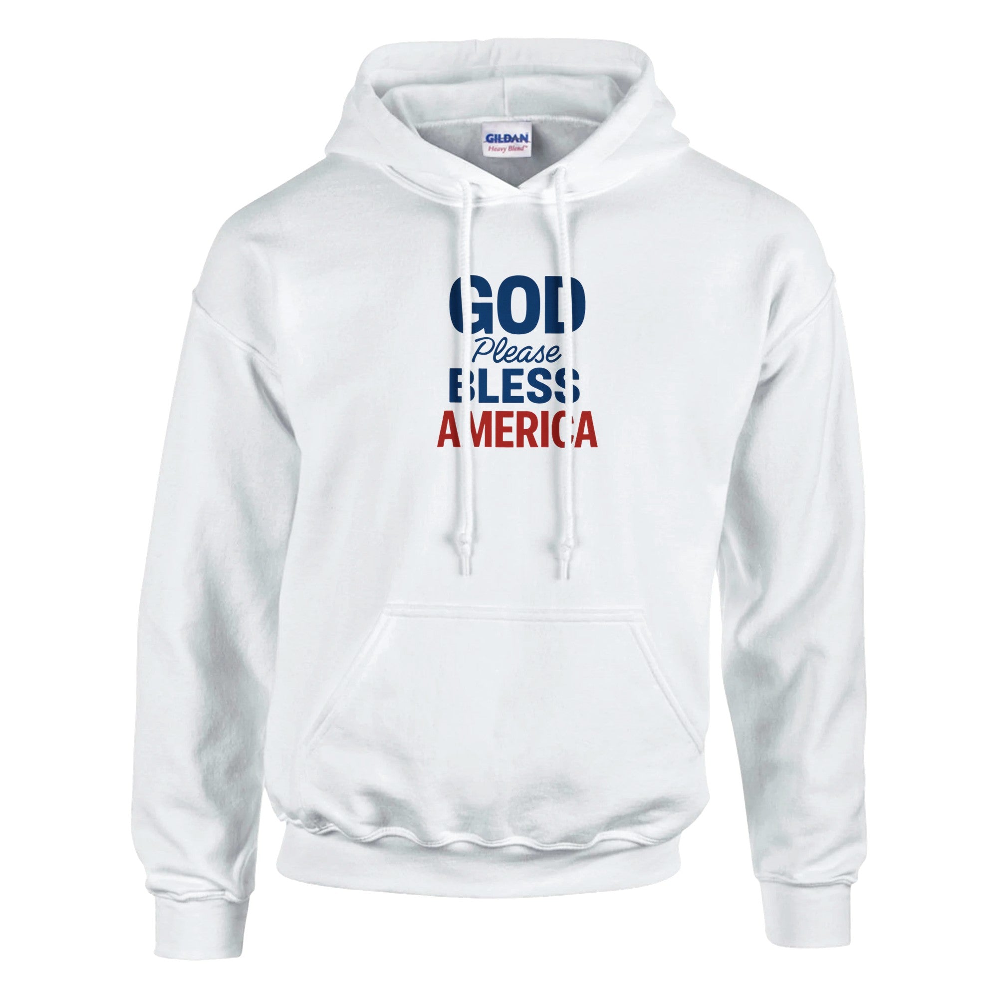 White hoodie with text 'GOD Please BLESS America' on a white background