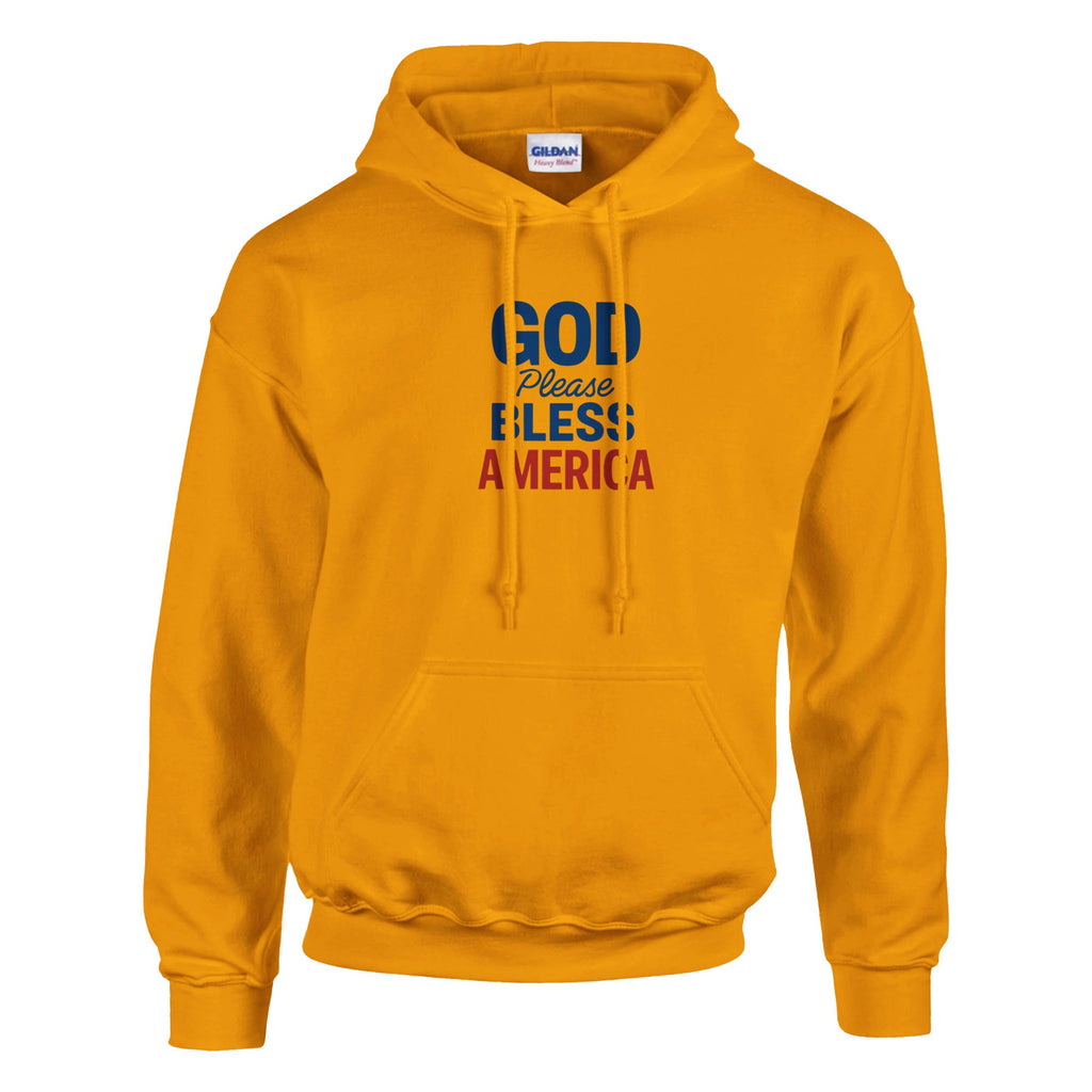 Yellow hoodie with text 'GOD Please BLESS America' on a white background