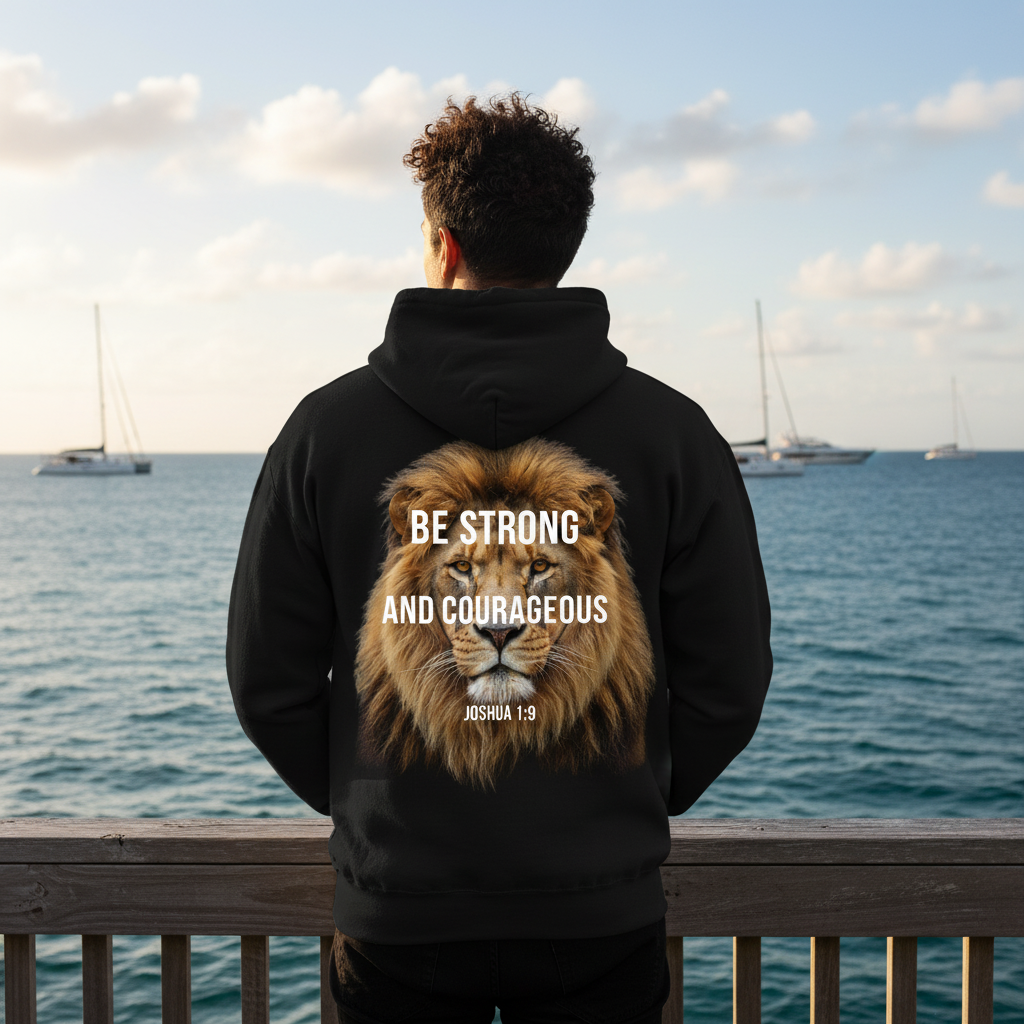 Person wearing a black hoodie with a lion graphic and motivational text by the water