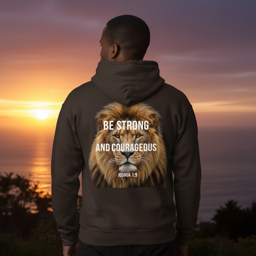 Person wearing a hoodie with a lion graphic and motivational text at sunset.