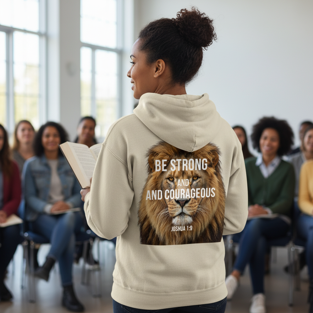 Person wearing a hoodie with a lion graphic and motivational text in a classroom setting